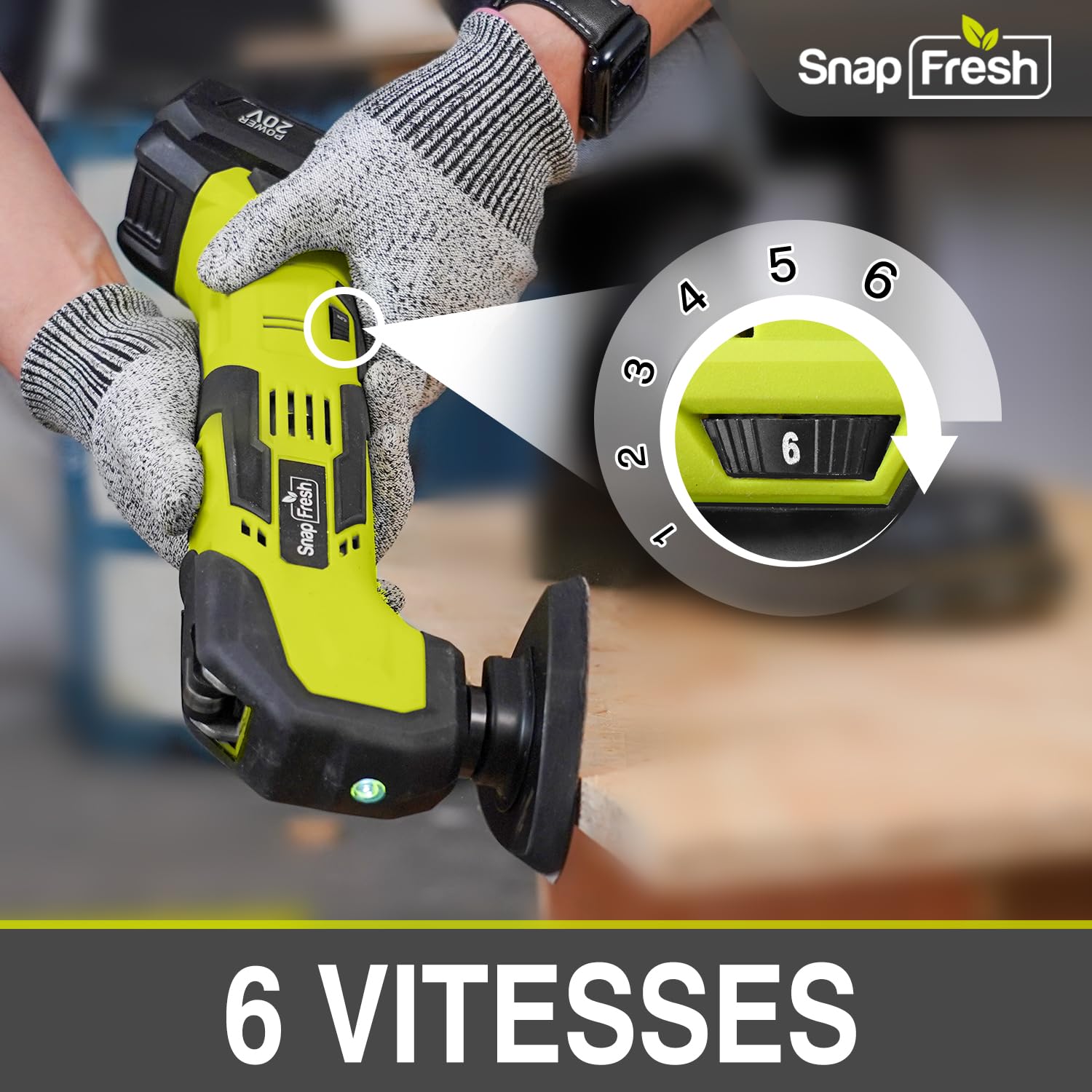 SnapFresh Outil Multifonction sans Fil 20V Scie Oscillants 6 Vitesses 5000-18000 tr/min, Angle Oscillant 3,2°, 24 Accessoires pour Couper, Poncer, Gratter, Scier, Polir, Polir, Bricolage