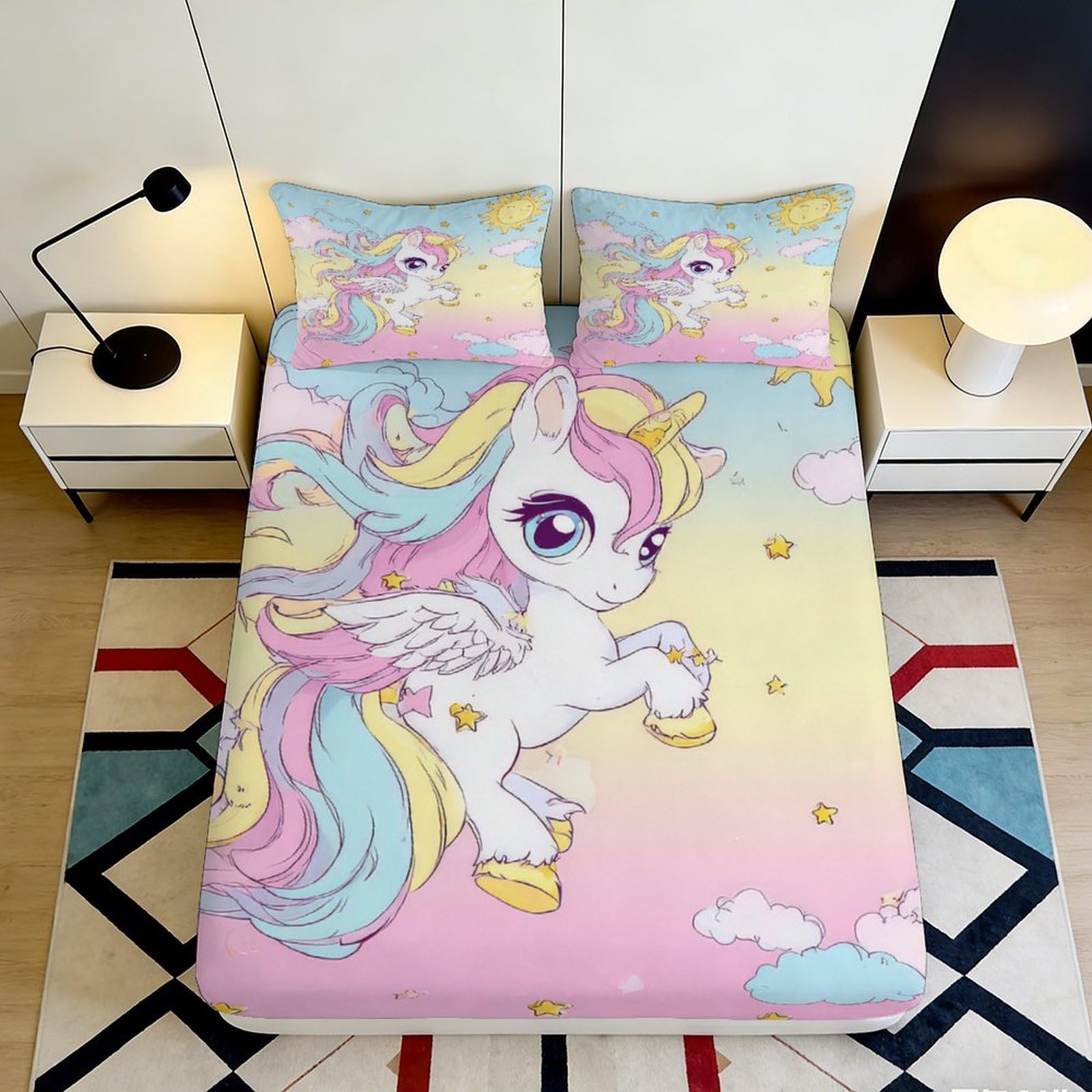 3D Printed Unicorn Fitted Sheet Microfiber Soft Breathable Pegasus Bed Cover for Bedroom Dormitory Guest Room Mattress Protection Decor 140x200x25cm