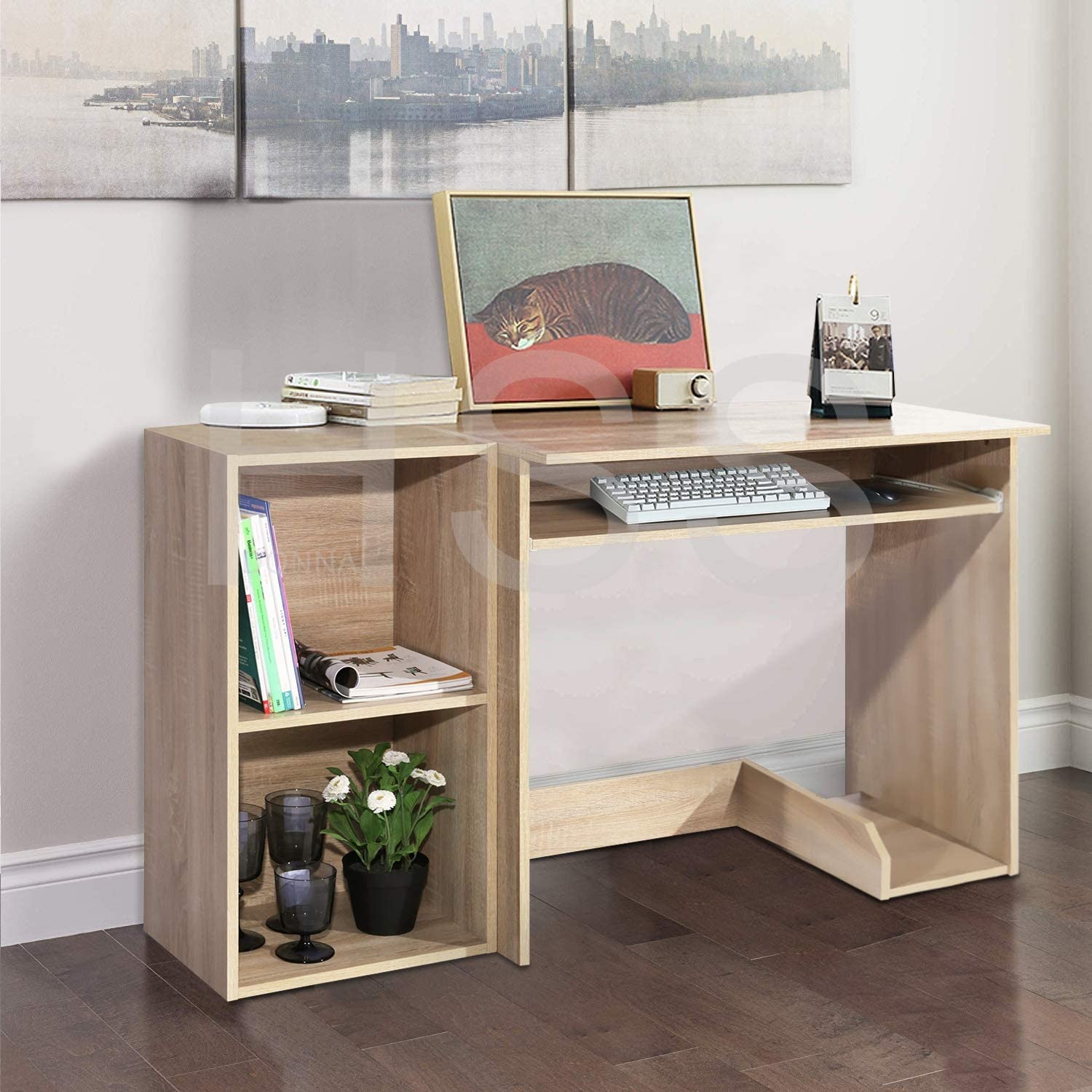 Buy Wood Writing Desk Home Office 2in1 Workstation with Keyboard CPU