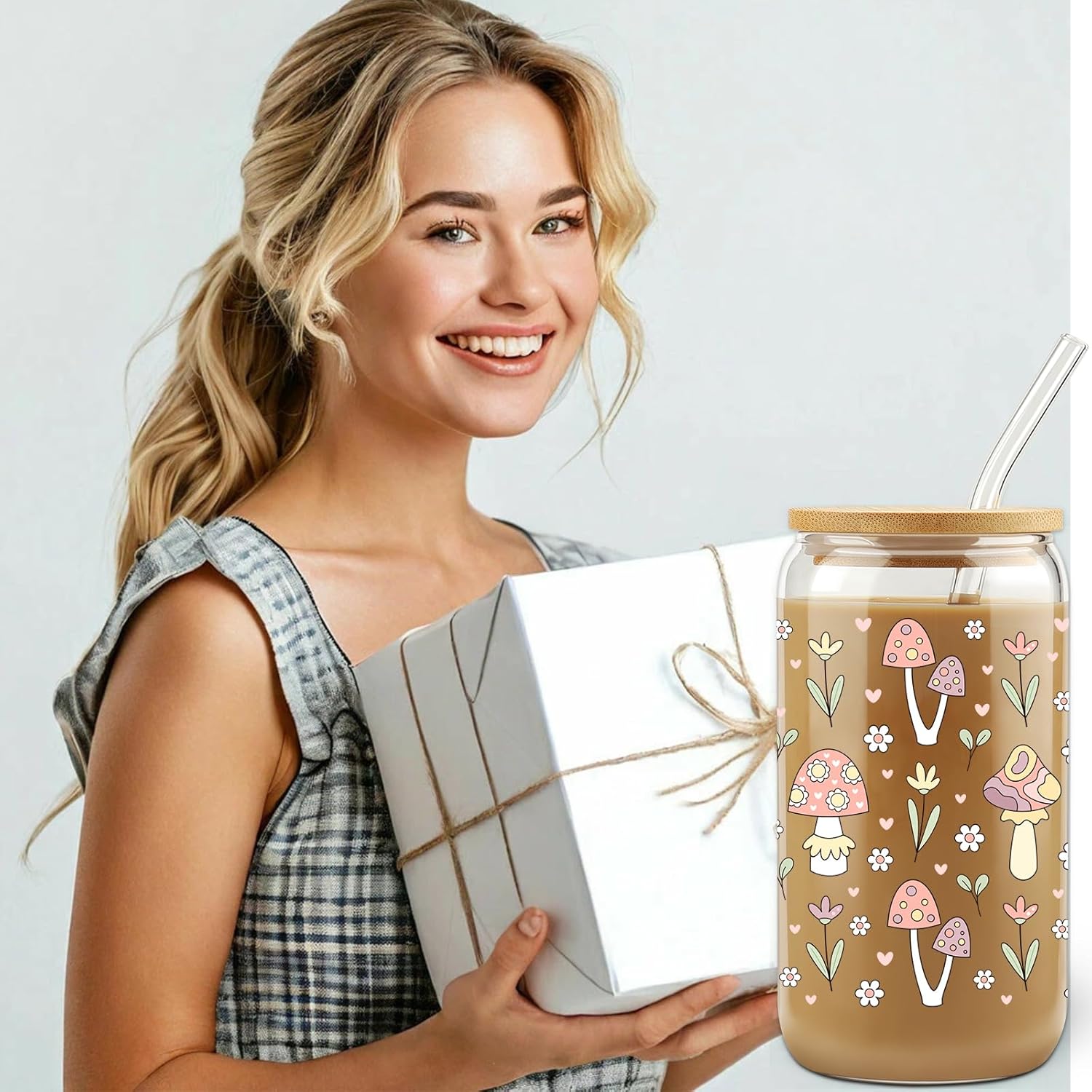 Mushroom Glass Cup with Bamboo Lids Straws, Christmas Gifts, 16oz Retro Hippie Tumbler, Fungi Themed Tumbler Stuff, Iced Coffee Cup, Mushroom Gift for Women, Birthday Gifts for Sister, BFF - Image 2