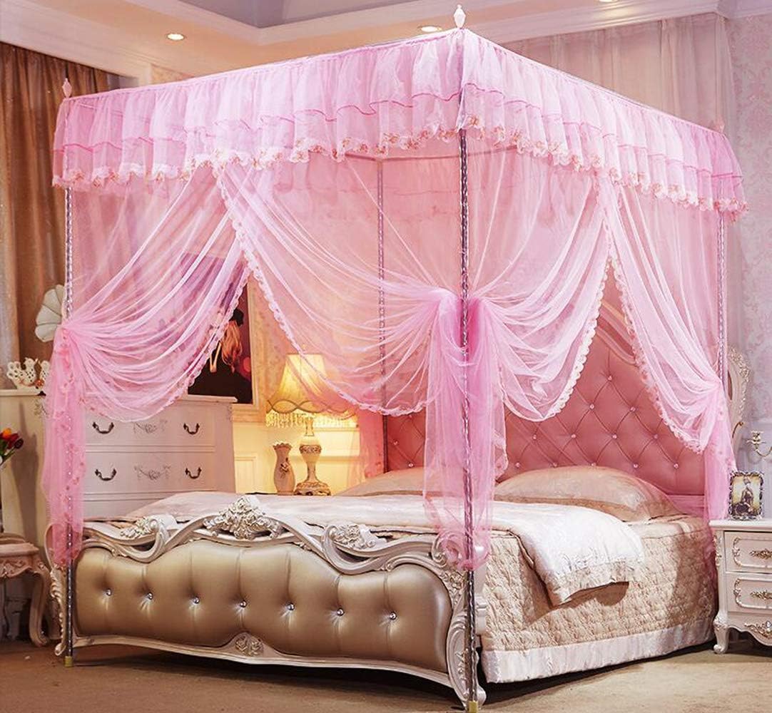 4 Poster Corners Princess Bedding Curtain Canopy Mosquito Netting Canopies (Queen, Pink)