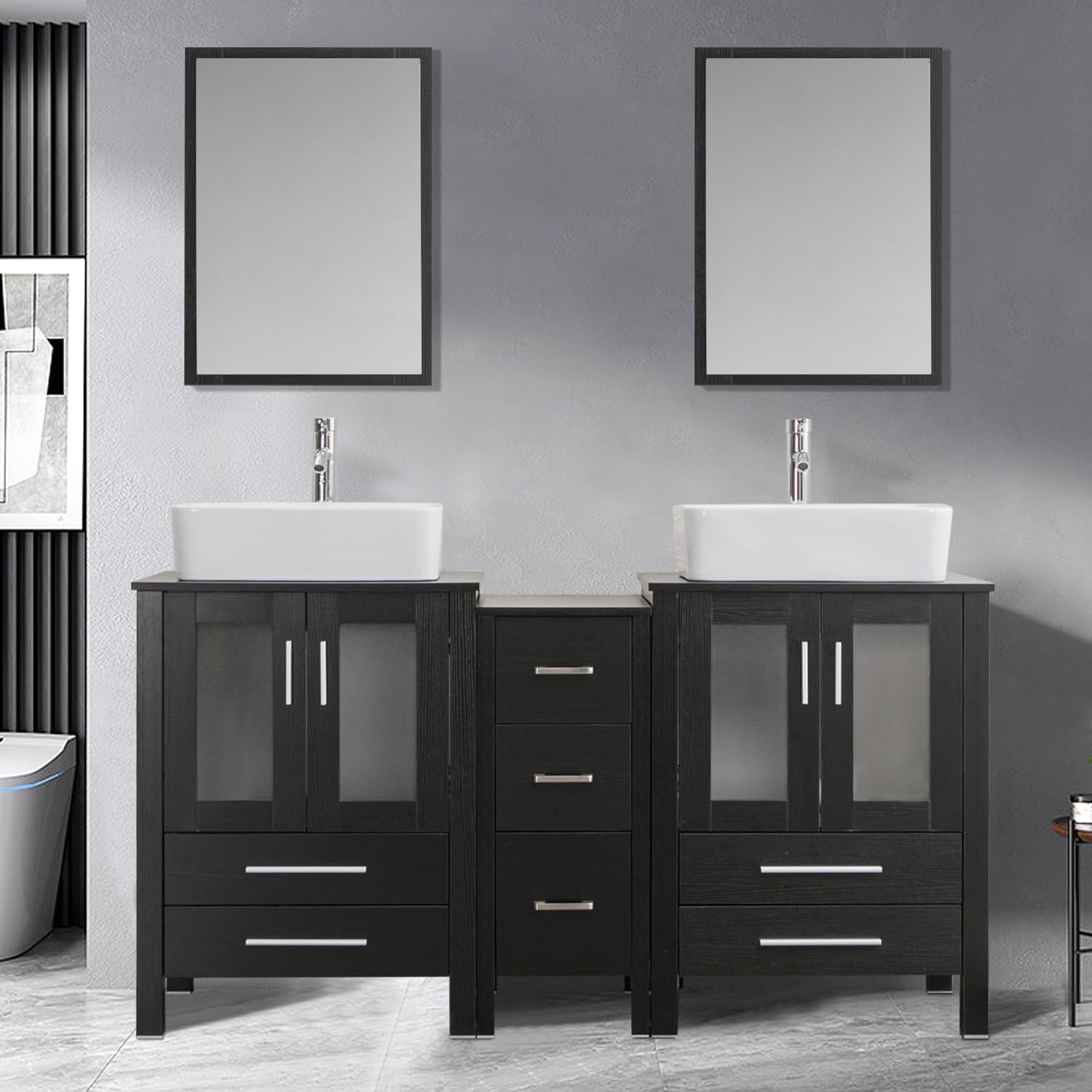 60" Double Vanity (2 * 24" Vanity,2* Porcelain Vessel Basin Sink,1 * 12" Side Cabinets),Double Bathroom Vanity Top with Porcelain White Sink, Faucet Drain Parts Include,Mirror Not Included