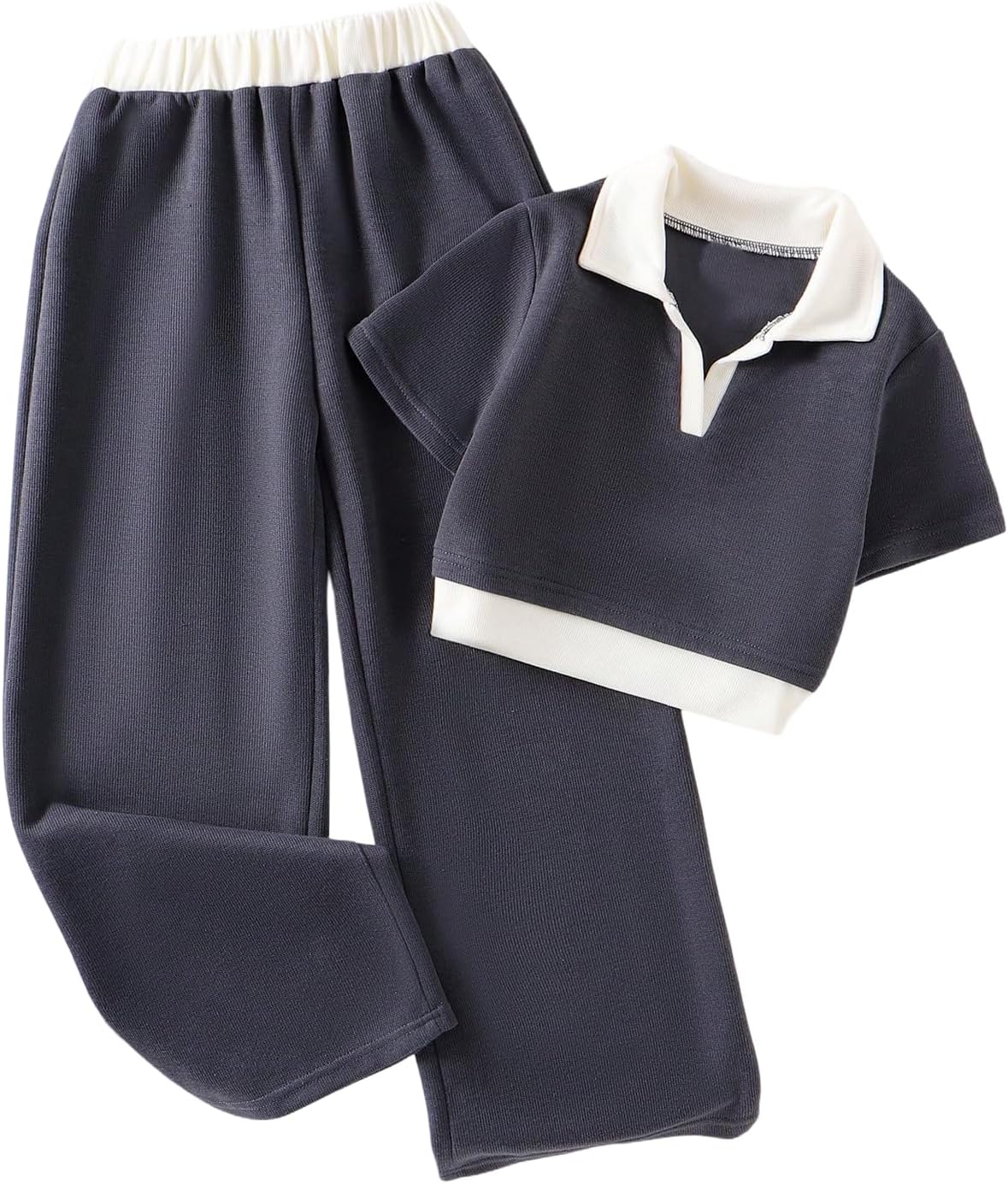 OYOANGLE Girl's 2 Piece Outfits Color Block Short Sleeve Collared V Neck Crop Top and Pants Clothing Set