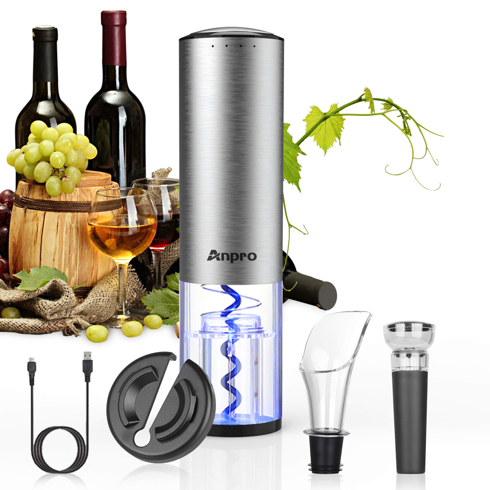 Anpro Cavatappi Elettrico Automatico Set con Versatore Vino, Taglierina, Tappo Sottovuoto
