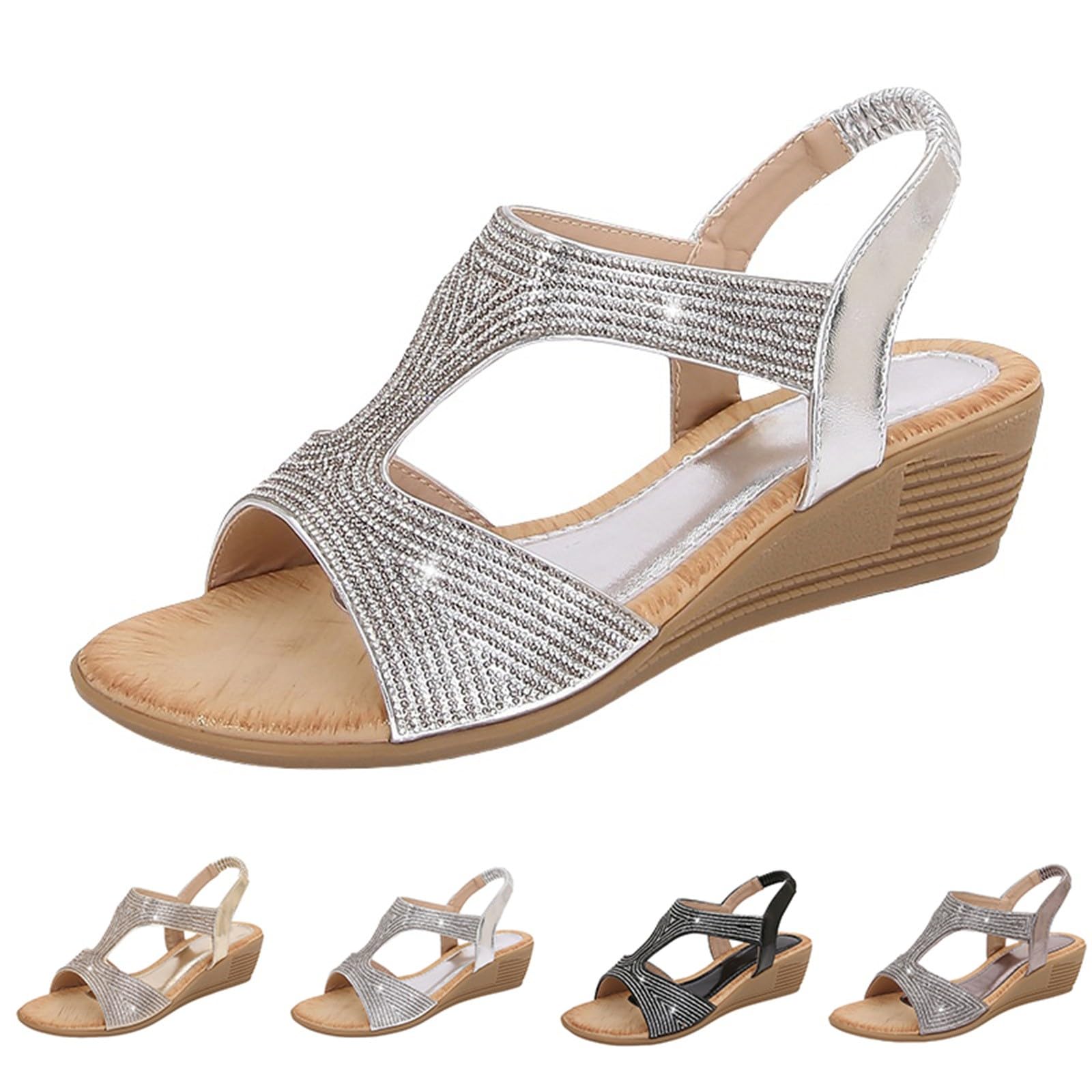Sandalo Zeppa Donna Scarpe Estive Eleganti Sandali da donna nuovi estivi comodi e alla retrò stile etnico leggero spiaggia vacanza tacco elastico fondo Sandali Chiusi Davanti Sandalo Elegante