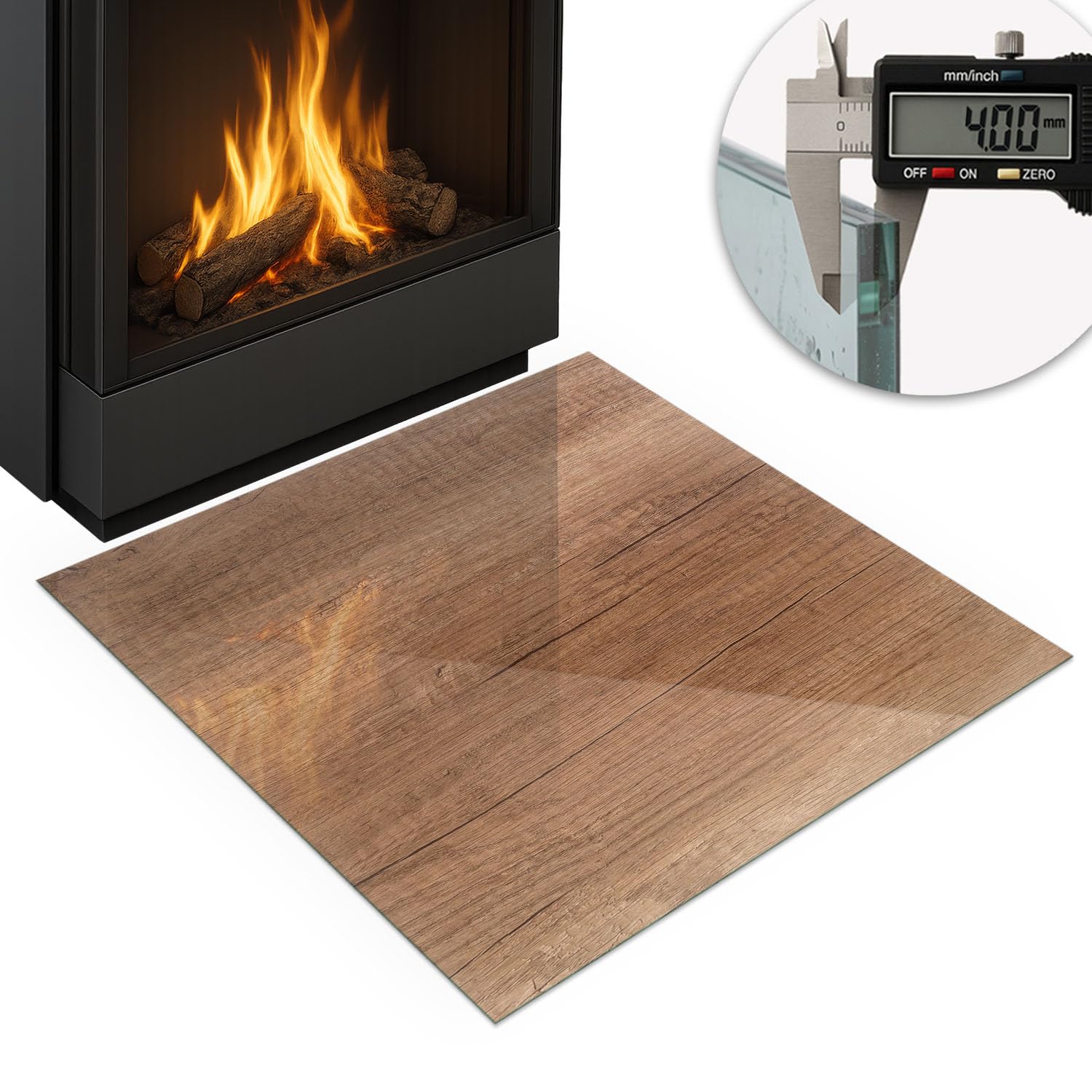 Piastra per camino e stufa 60x60 cm Design Elegante Quadrato Resistente alle Alte Temperature Protezione del Pavimento di Vetro Temperato Resistente a Scintille - Modello in legno naturale
