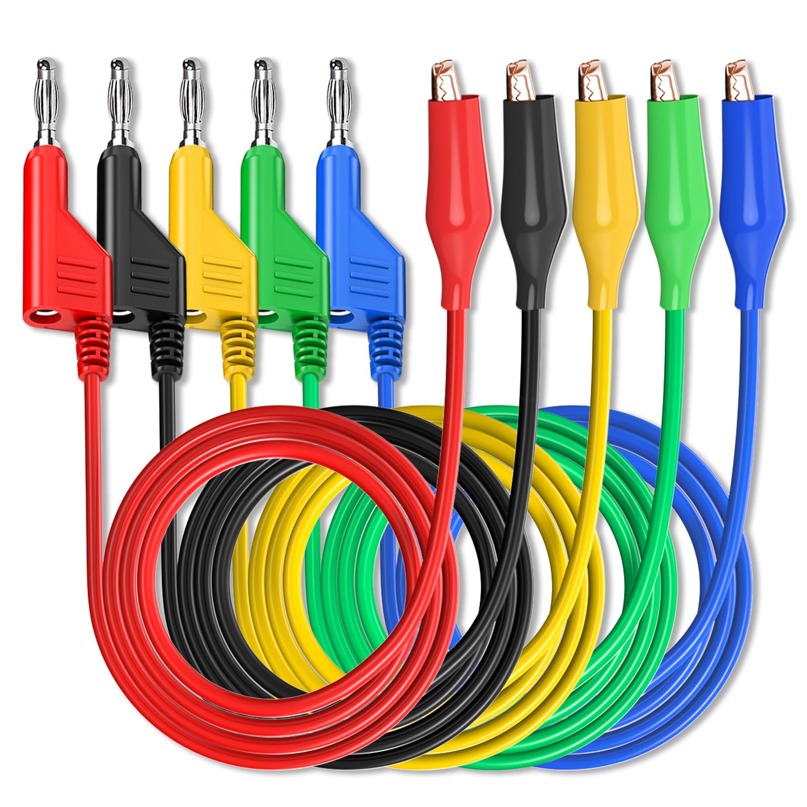 Cables De Prueba Banana A Pinzas Cocodrilo - 5 Unidades De 1m, 4mm, 5 Colores - Para Multímetro Y Electrónica