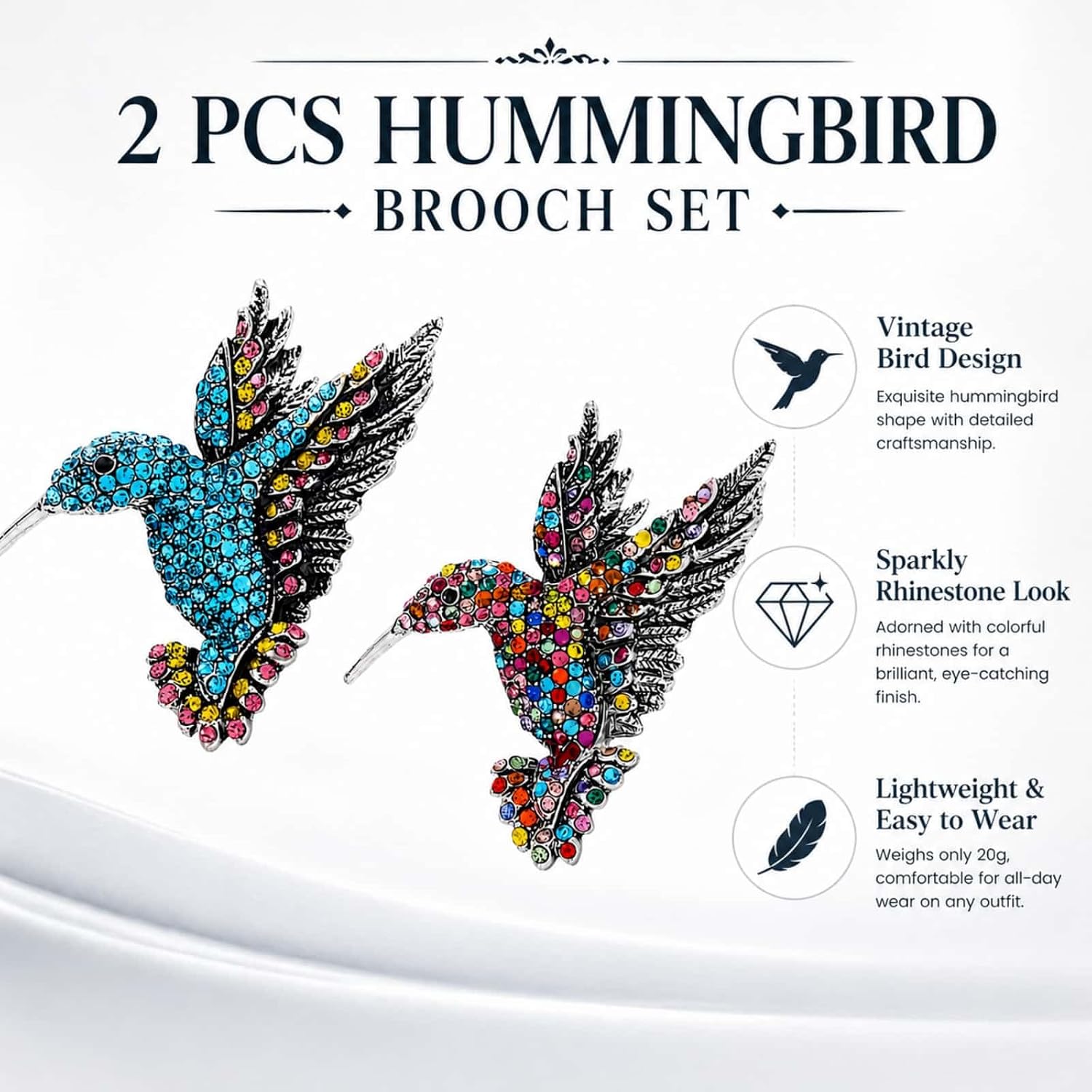 Hummingbird Brooch for Women,2 Pcs Brooch Pins Set,Vintage Sparkly Bird Pin for Lapel,Scarf,Hat,Coat,Dress,Bag image 2