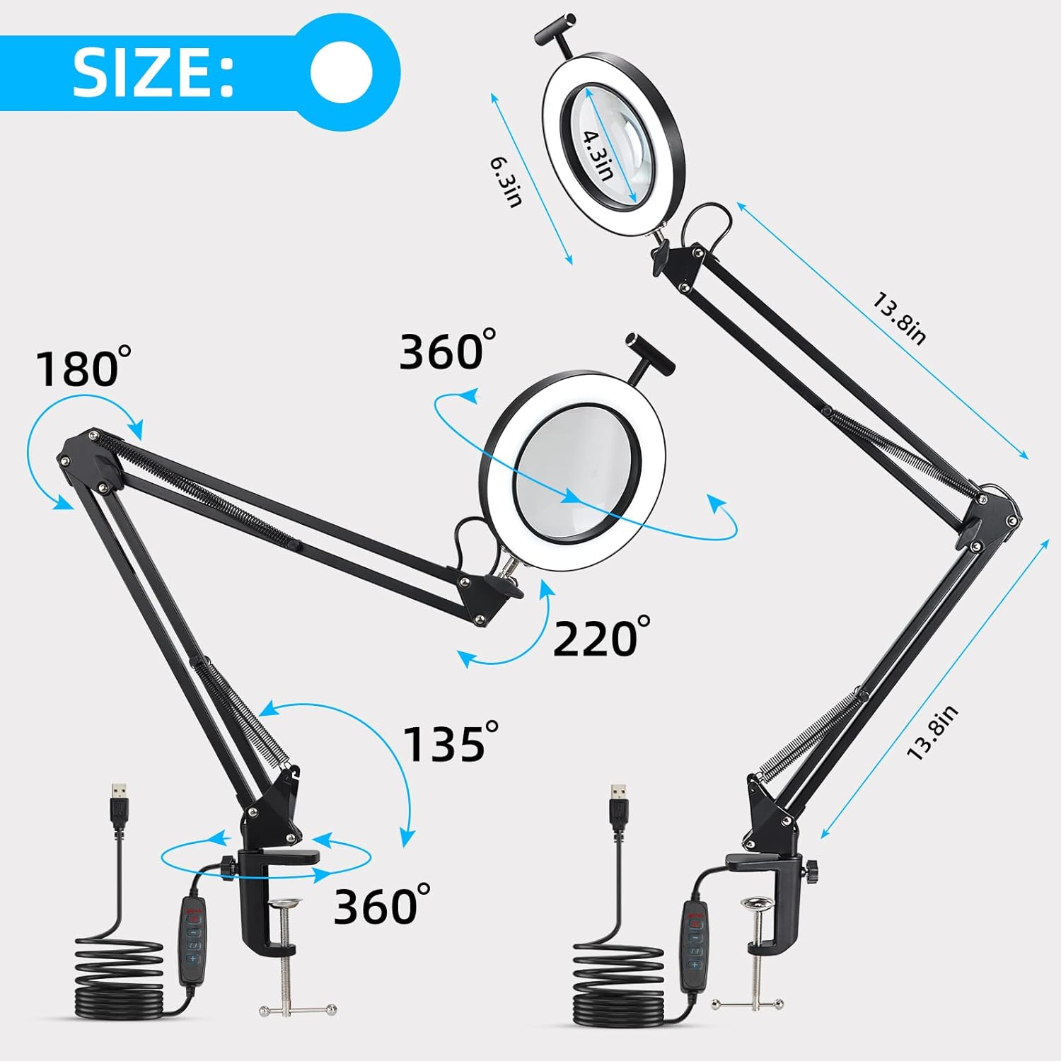 YISUN LED Magnifying Lamp, Adjustable 5X Magnifier Desk Lamp with 3