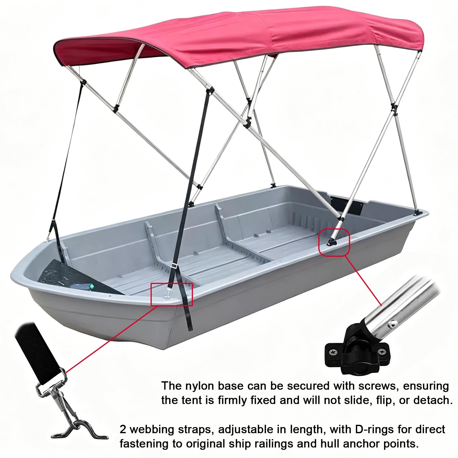 Tendalino Barca a 4 Archi, Ombreggiatura per Barche, Tessuto Oxford 800D, Telaio in Alluminio, 2 Pali di Supporto Posteriori, 2 Cinghie, Custodia Inclusa(Red,190-210cm/75-82in)