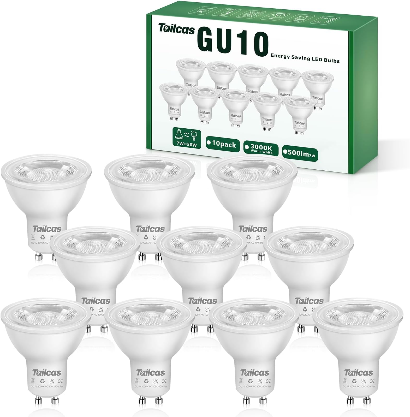 7W GU10 Led Bulbs Warm White, 3000K Spotlight Bulb, 50W Halogen Light Equivalent, 7W 500LM 38° Beam Angle No Flickering Non-dimmable 220-240V Lighting for Kitchens, Bedrooms, Hallways, Pack of 10
