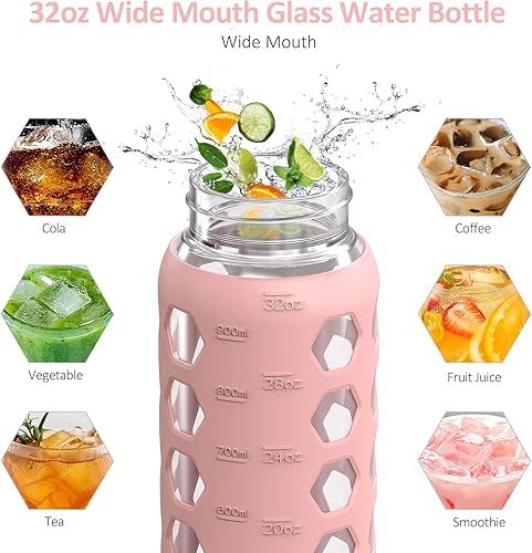 Miniatura 5 de MUKOKO Botellas de agua de vidrio de 32 onzas con 2 tapas, tapa de boquilla con asa y tapa de popote de bambú, vaso de agua motivacional con