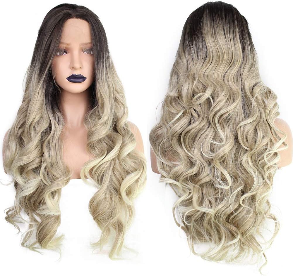 ANOGOL Hair Cap+Blonde Ombre Lace Front Wig with Black Roots Blonde Wigs with Long Curly Wavy Middle Part Heat Resistant Synthetic Hair Wigs for Women Half Hand Tied 26 inches