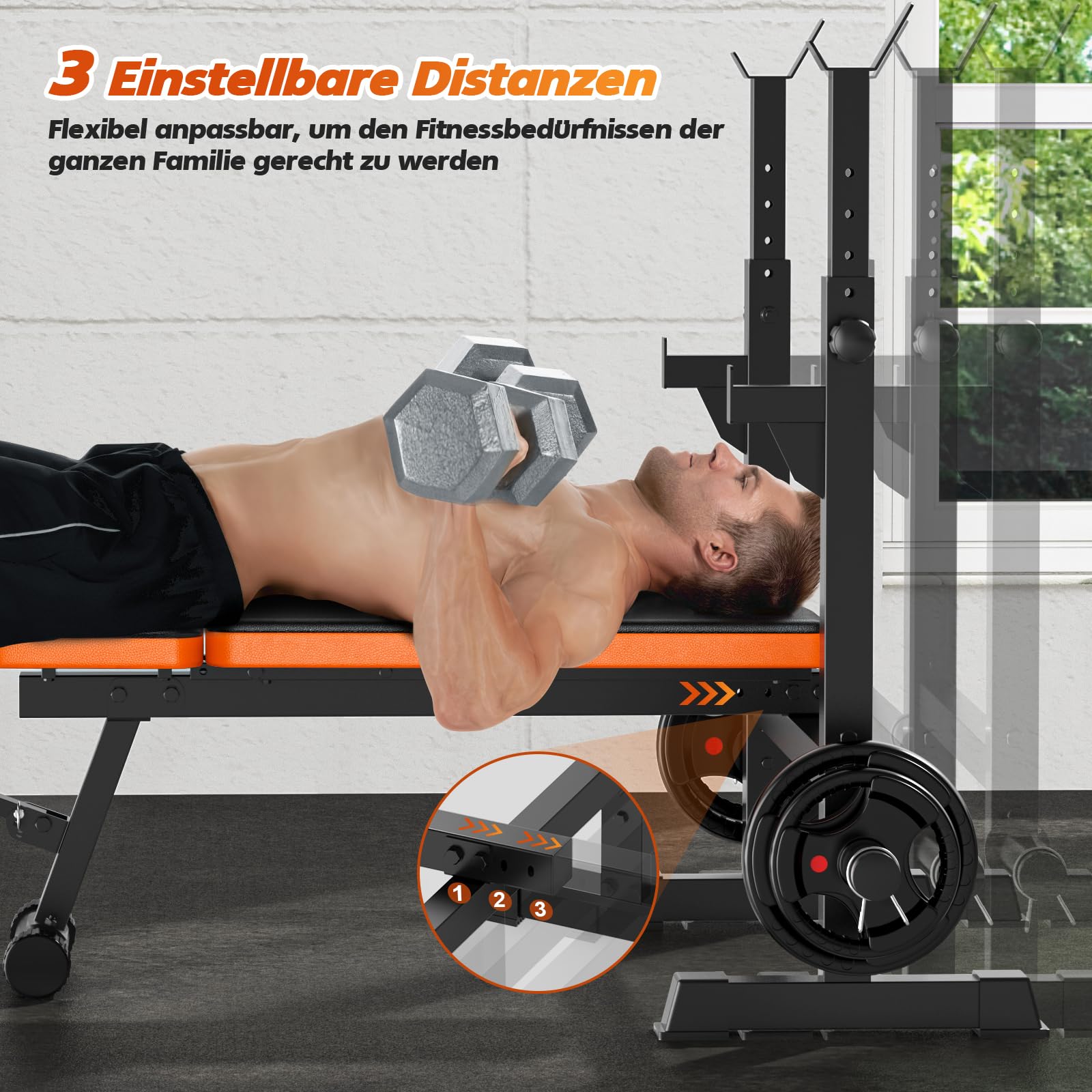 XDDIAS Multifunktion Trainingsbank mit Langhantelablage, Verstellbare Hantelbank für Home Gym, 7-Fach Rückenlehne Fitnessbank für Bankdrücken & Krafttraining, bis 350 kg
