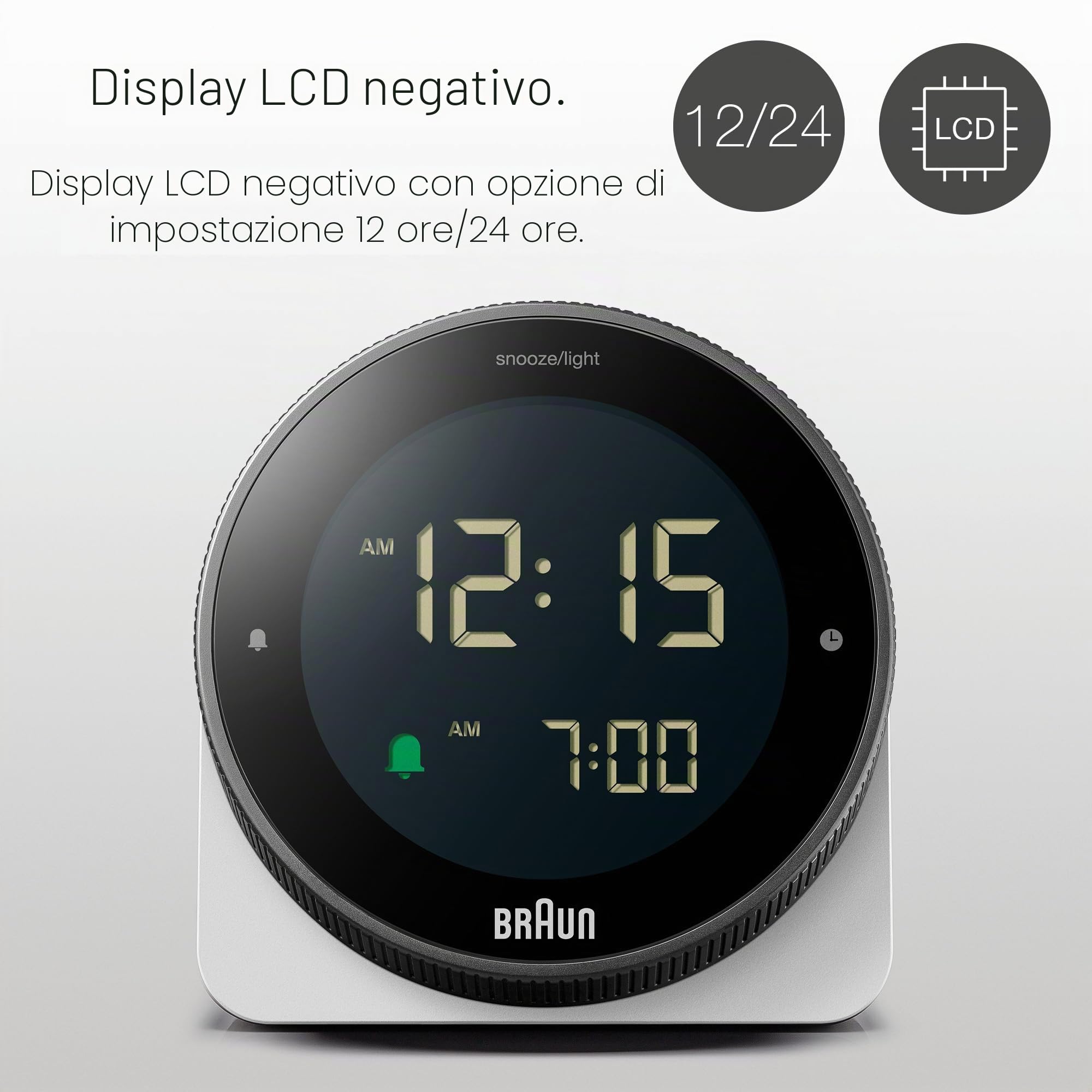 Braun Sveglia digitale funzione snooze, display LCD negativo, ghiera girevole per l'impostazione rapida dell'ora, sveglia sonora Crescendo in bianco, modello BC24W.