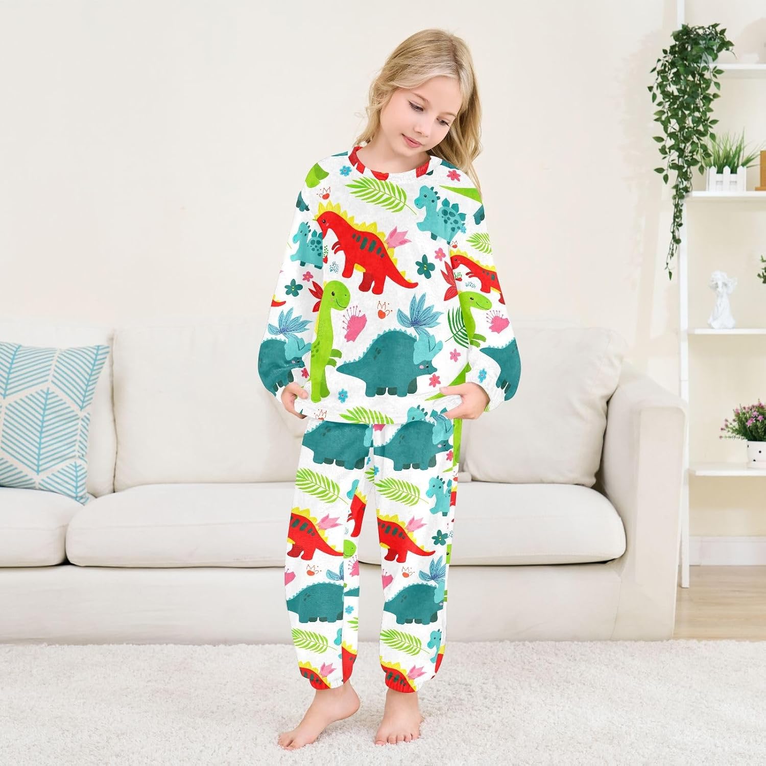 Dinosaurs Tropical Leaves Plush Pajama Set 2 Piece Lounge Wear Winter Sleepwear