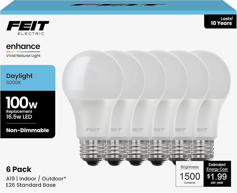 Bombillas LED Enhance, equivalente a 100 W, luz diurna de 5000 K, base E26, encendido instantáneo, vida útil de 11 000 horas, ideal para iluminación residencial o comercial general, OM100/950CA10K/6, paquete de 6