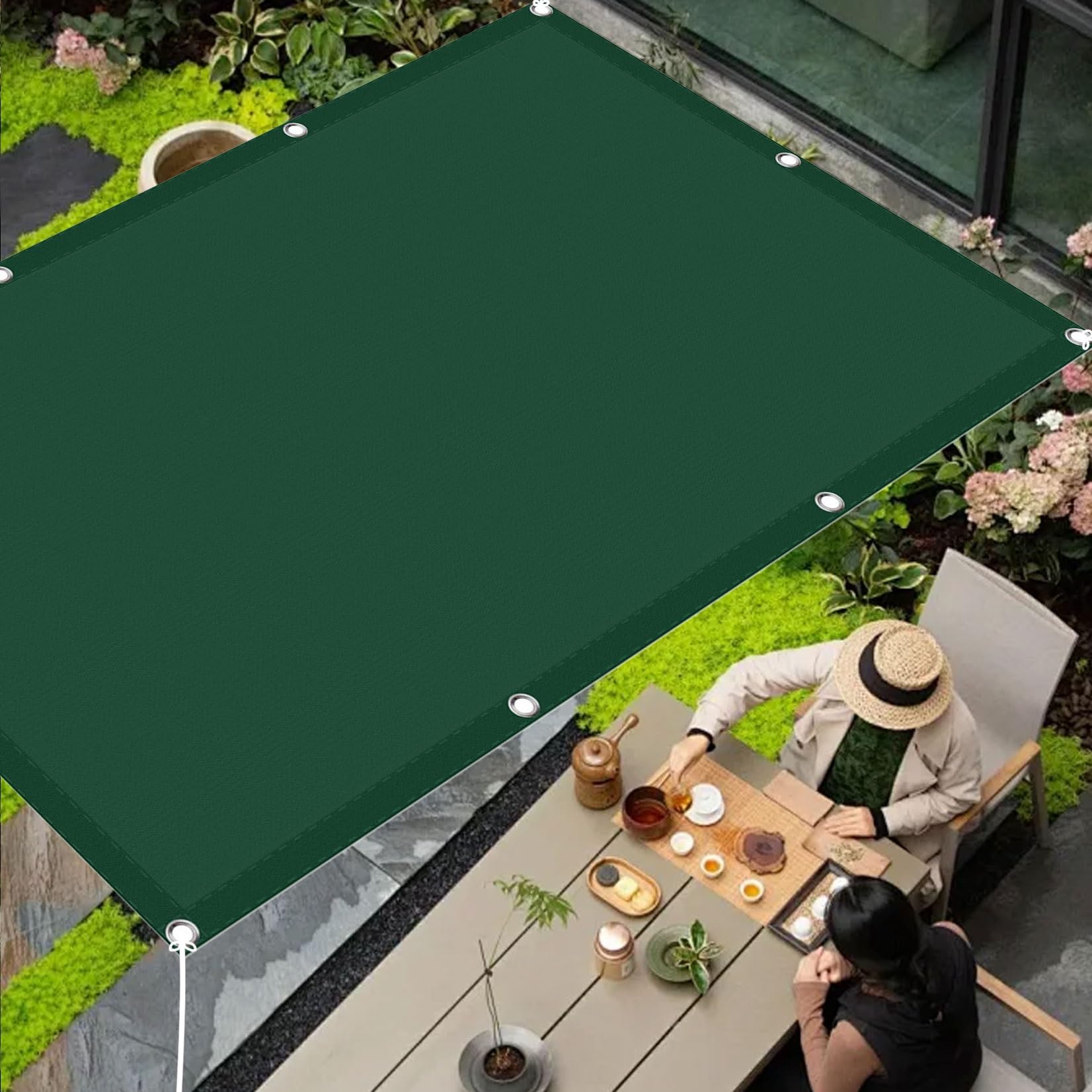 Voile d'ombrage rectangulaire 2.4 x 4.2 m imperméable vert foncé avec oeillets