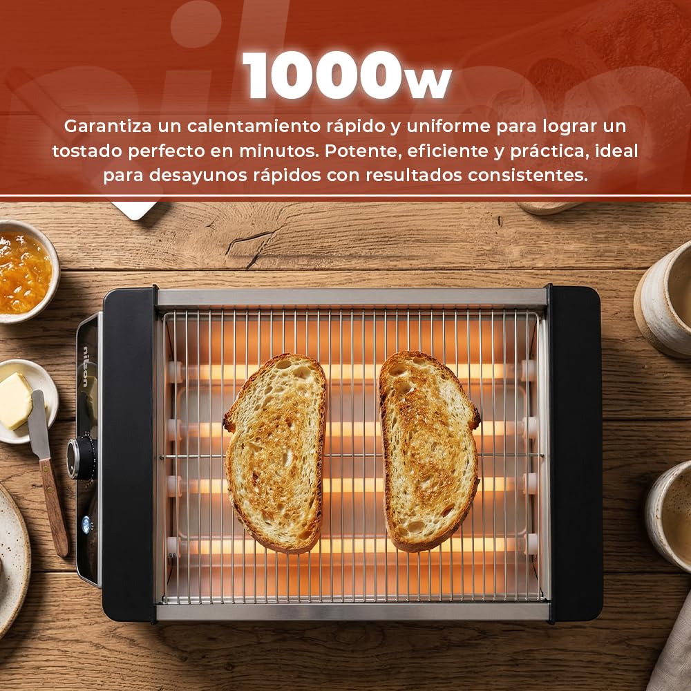 Tostador Plano de Pan, Horizontal, 1000 W, 6 Niveles de Tostado, Control Manual, Temporizador Digital, Tuesta y Cancela, Bandeja Recogemigas, Fácil Limpieza, NTS1000FL4, Cable 75 cm, Inox