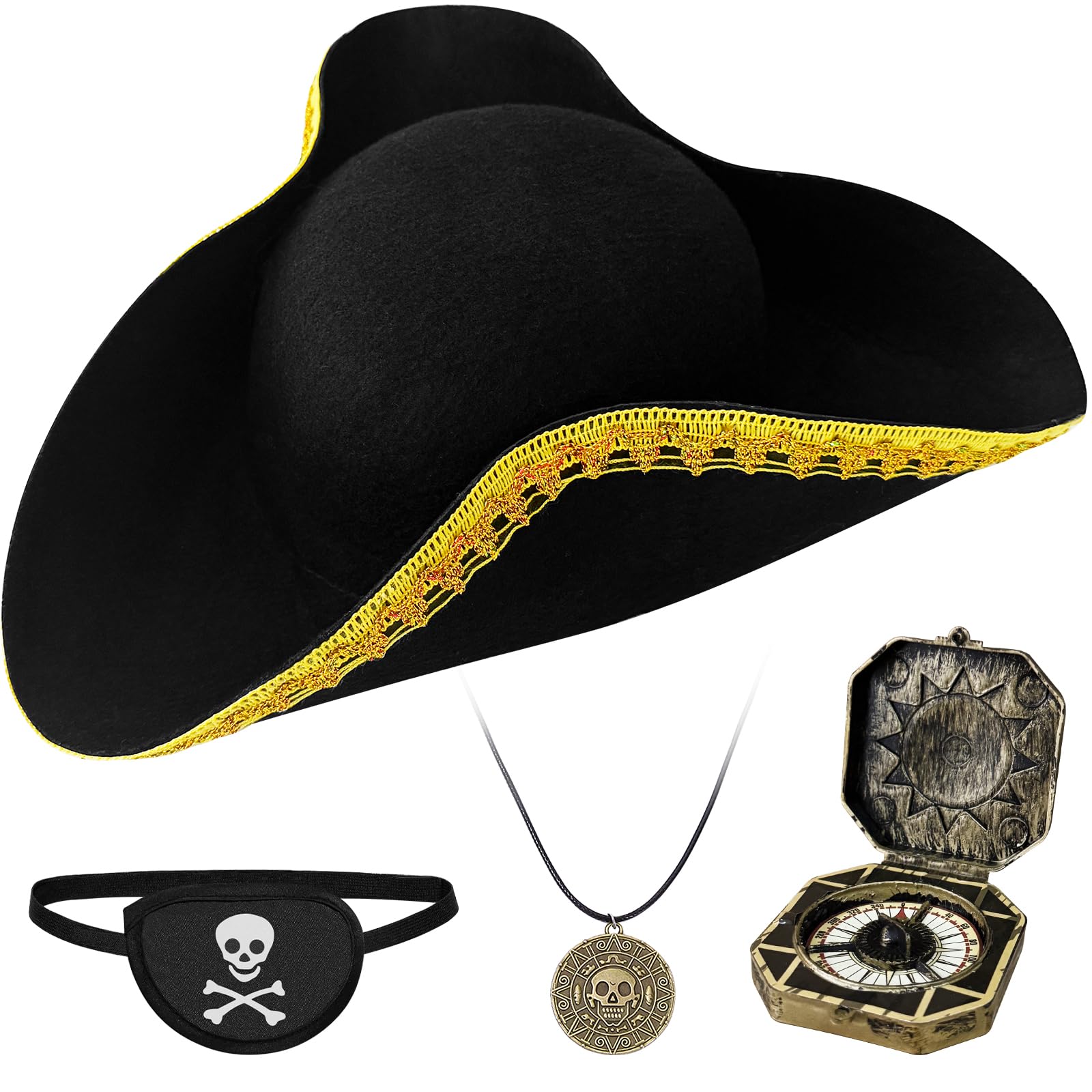 Zddaoole 4PCS Pirate Hat,Renaissance Pirate Tricorn Hat with Eye Patch & Necklaces for Halloween Cosplay
