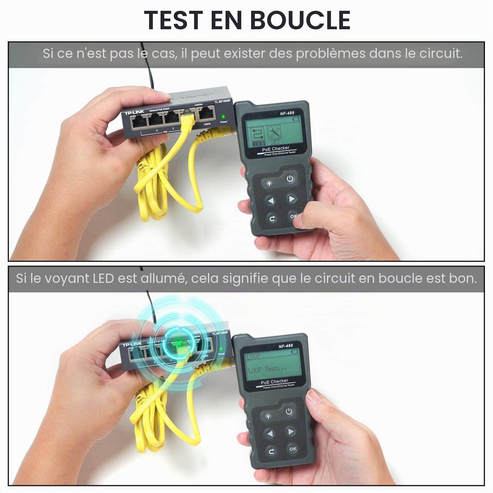 Noyafa Testeur de Tension et de Courant PoE avec Testeur de Câble LCD avec Fonction POE, Testeur de Câble Réseau Testeur de Réseau Portable pour Vérifier L'état du Réseau Cat5/Cat6, NF-488