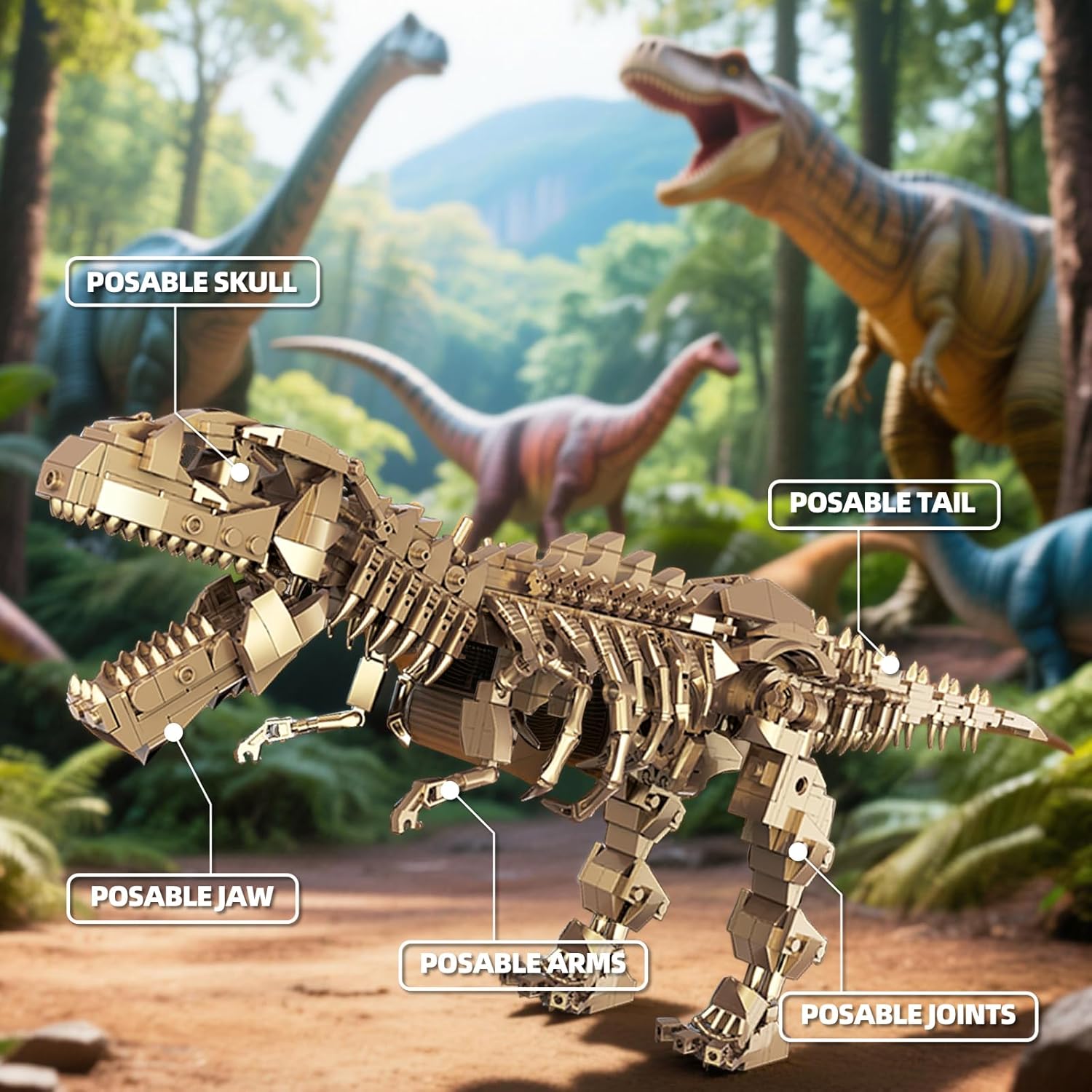Tyrannosaurus Rex Fossil Skeleton Building Blocks Dinosaur Construction Model Kit with Articulated Joints & Display Stand for Learning & Display STEM for Dino Lovers Kids & Adults