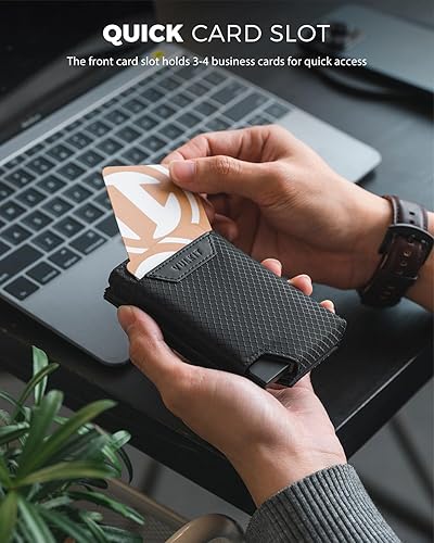 Miniatura 2 de VULKIT Tarjetero desplegable plegable con compartimento para dinero, estuche para tarjetas de visita minimalista con bolsillo frontal, Negro -