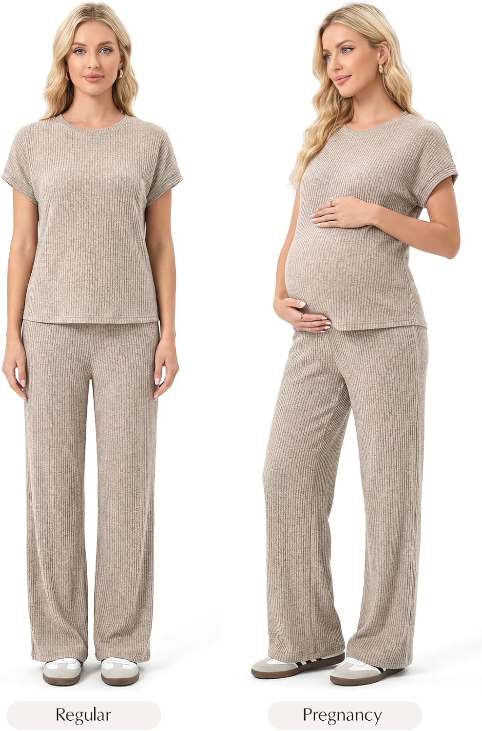 BLENCOT Maternity Clothes Ribbed Short Sleeve Maternity Pajamas Sets Sleepwear Lounge 2 Piece Matching Outfits Set - Image 2