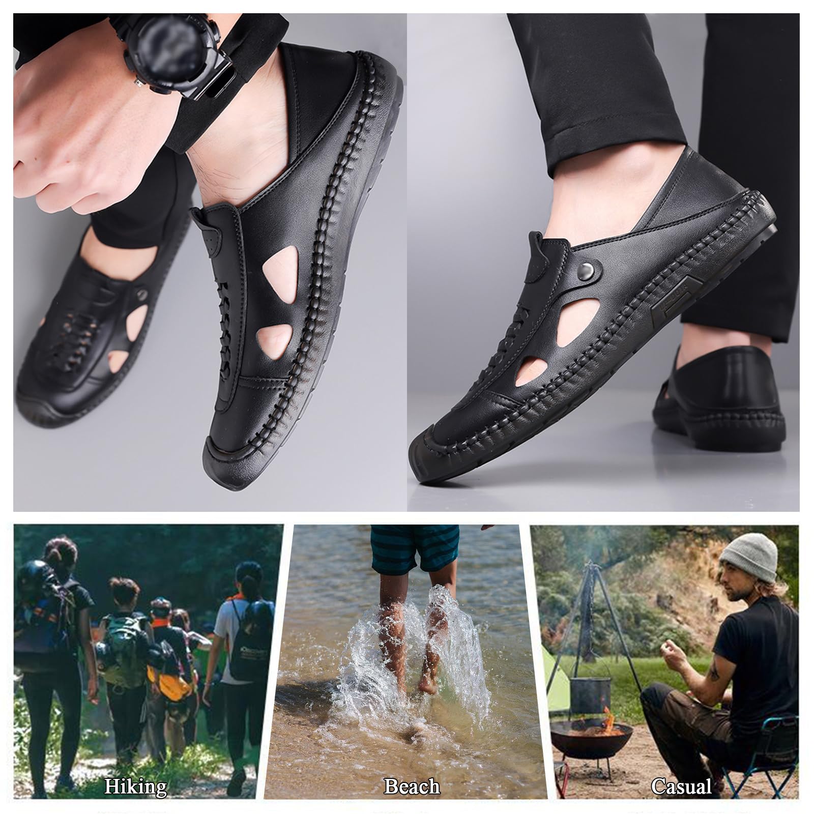 Sandalias Deportivas para Hombres Verano Cuero Transpirable Ligero Antideslizante Sandalias de Senderismo Trekking Al Aire Libre Playa Zapatos de Montaña