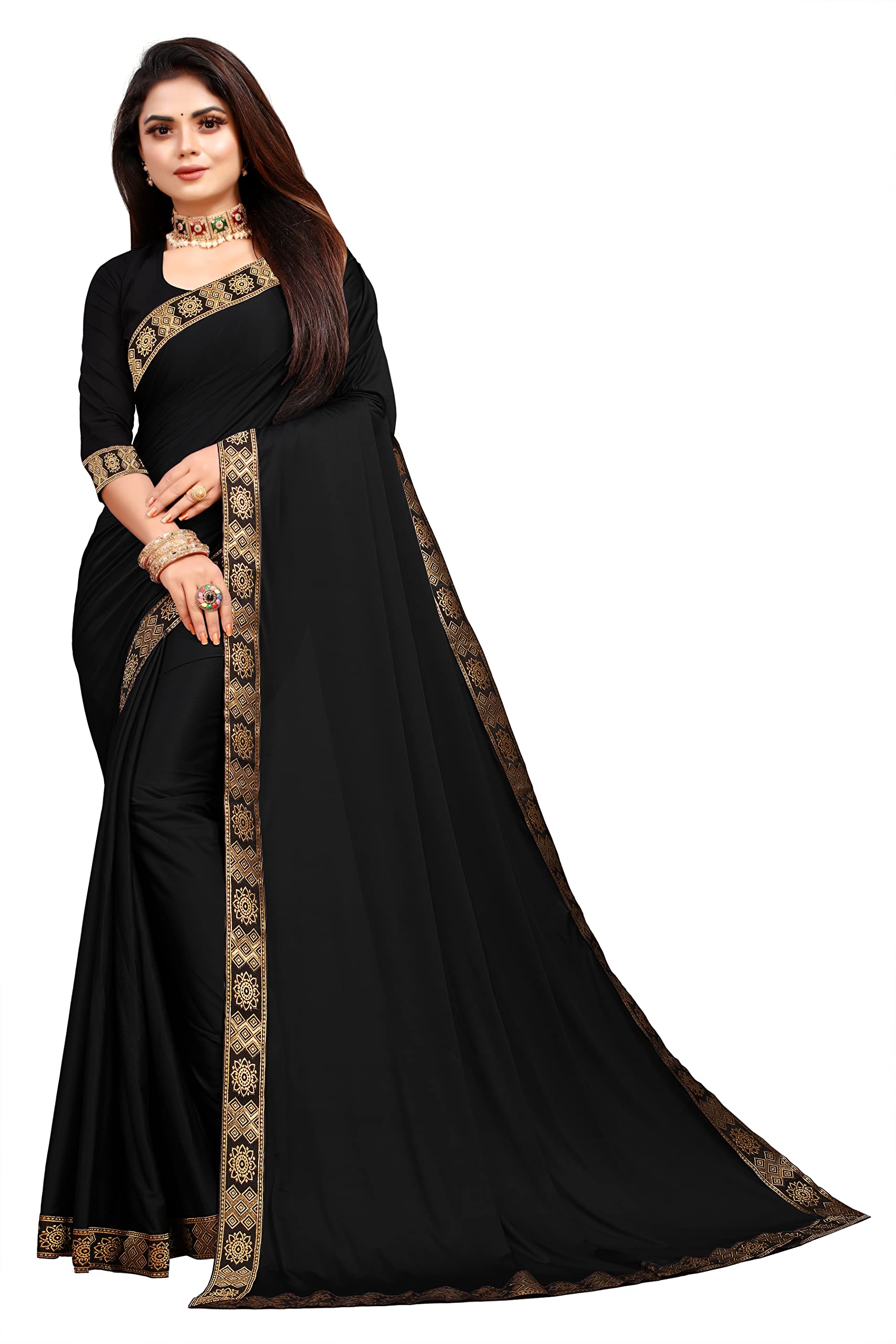 3Buddy FashionWomen's Lycra Plain Jacquard Lace Border Gorgeous Saree with Blouse Piece