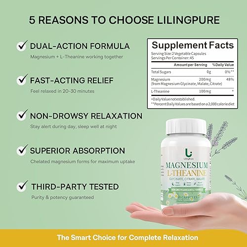 Miniatura 5 de Complejo de magnesio con L-teanina 200 mg de triple magnesio + 100 mg de L-teanina Sueño, alivio del estrés y apoyo muscular 90 cápsulas