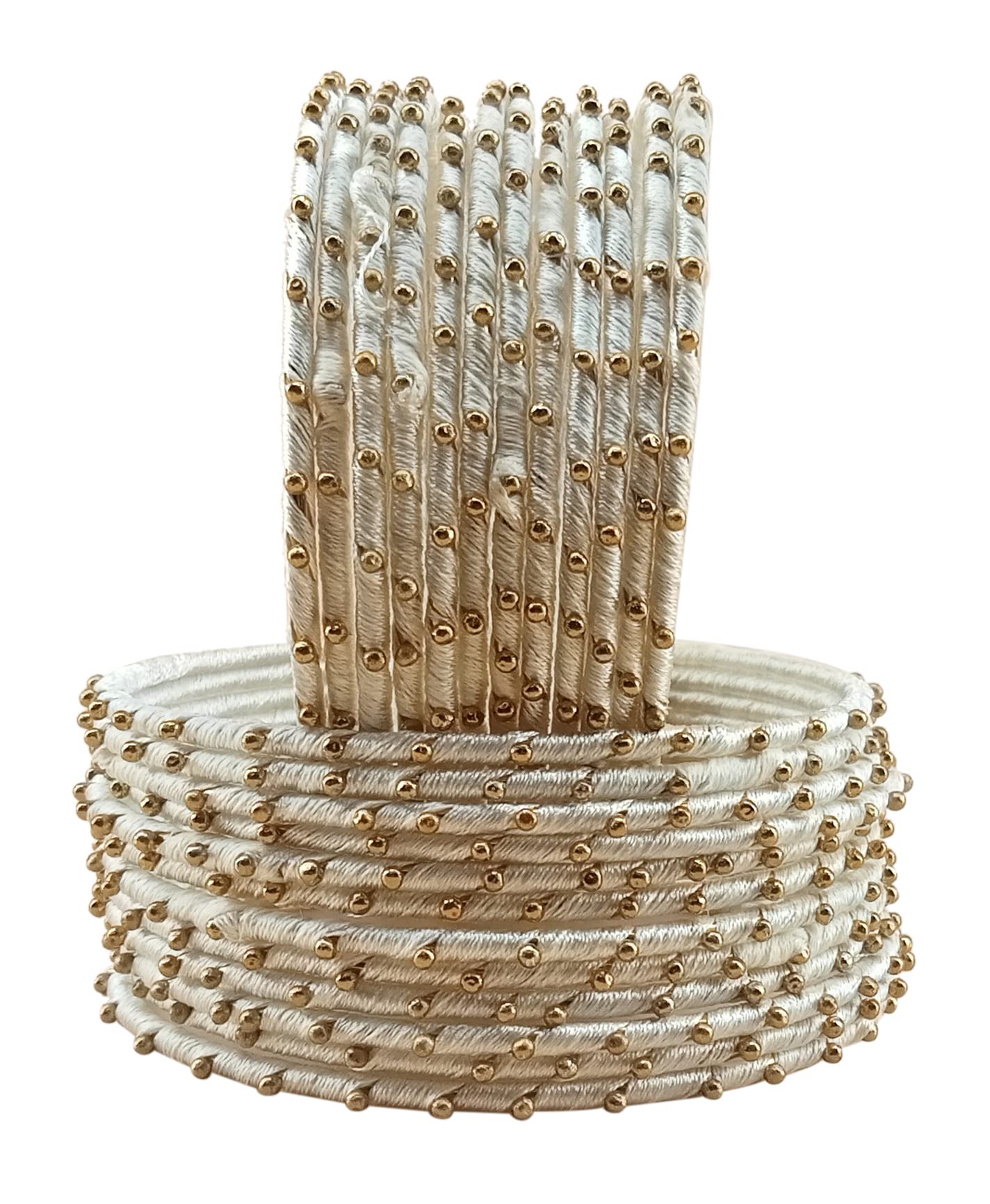 The Golden Cascade Beautiful Fancy Silk Thread Base Metal Bangle/Chudi and Studded Ball Chain Pearl Set for Women & Girls (Pack of 12 Bangles) (Cream, Large 2-8) (B0BNXHQSXZ) Amazon Price History, Amazon Price Tracker