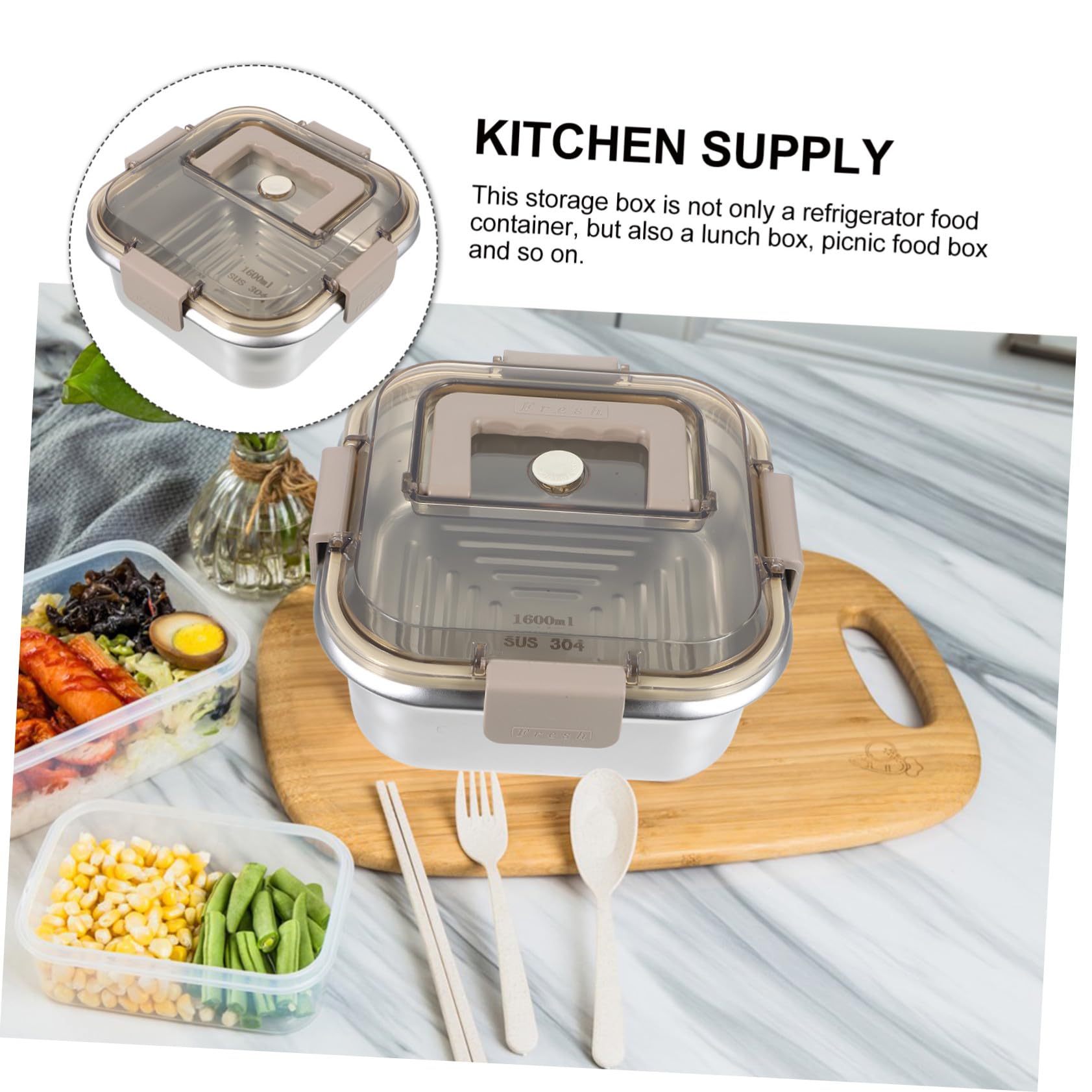 Boîte de Rangement Alimentaire avec Couvercle et Poignée Grand Contenant Acier Inoxydable pour Réfrigérateur Organiseur Transparent pour Fruits Légumes et Snacks