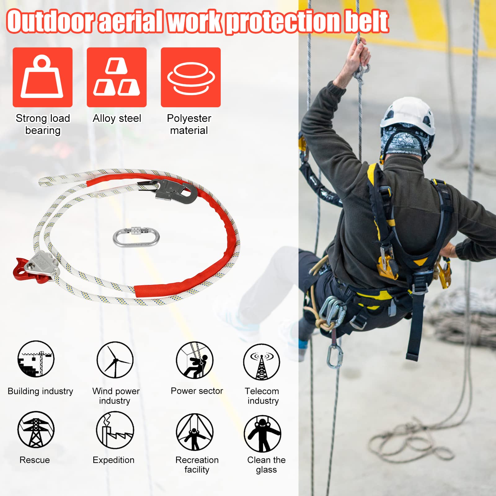Línea de posicionamiento ajustable, con acortamiento de cable PROT-3, protección contra caídas para la conexión entre su correa de recogida y el punto de tope, cuerda de sujeción para protección