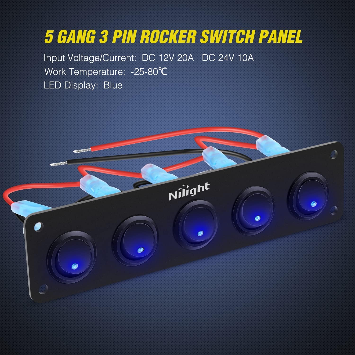 Nilight 90018E 5 Gang 3 Pin Rocker Panel Waterproof On-Off Toggle Switches for Car Vehicle Trailer Truck SUV Marine Boat RV Ship 12V/24V 20A,2 Years Warranty, Blue