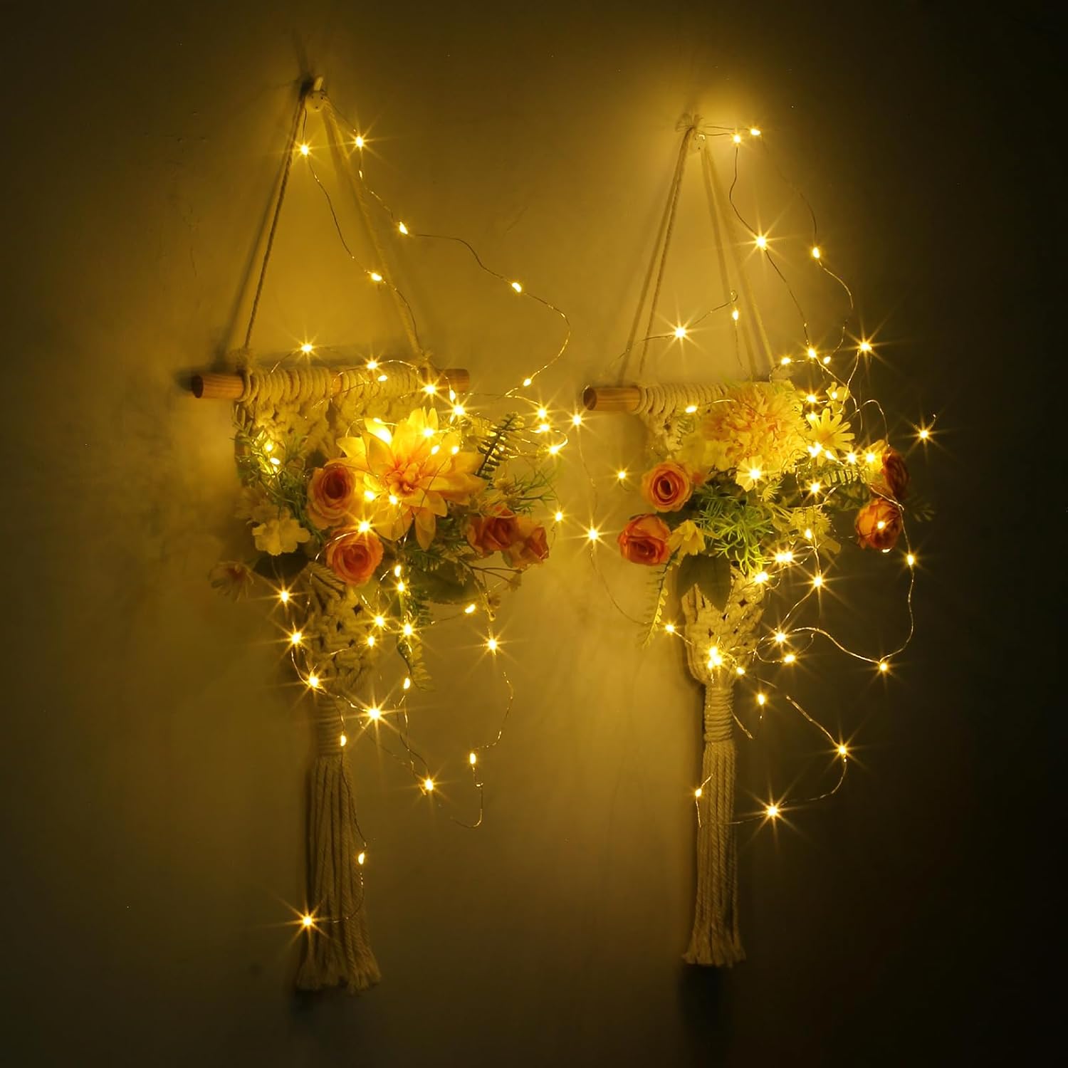 Macrame Wall Hanging, White Cotton Rope with Artificial Dahlia Flowers, 8x23 Inches, Handcrafted Boho Tapestry with LED Lights, Decorative Wall Art for Living Room, Bedroom (Banana Yellow)