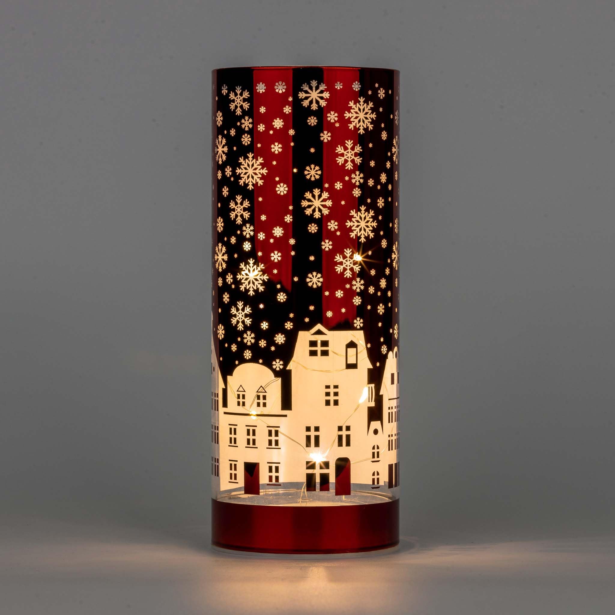22cm Christmas Decorated Vase Table Lamp Etched Glass Tube Xmas Red Cylinder LED Fairy Lights Battery Operated Table Decoration