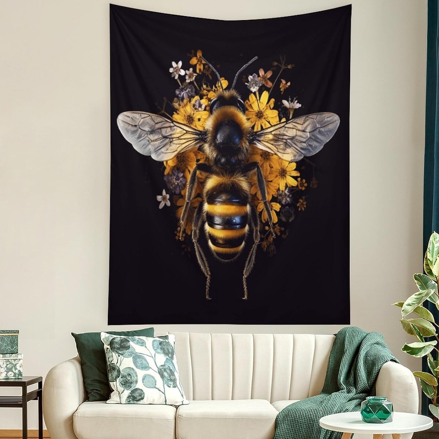 Buyidec Bee Flowers Tapestry Wall Hanging Art Deco Tapestries for Bedroom Living Room Dorm 60"x90"