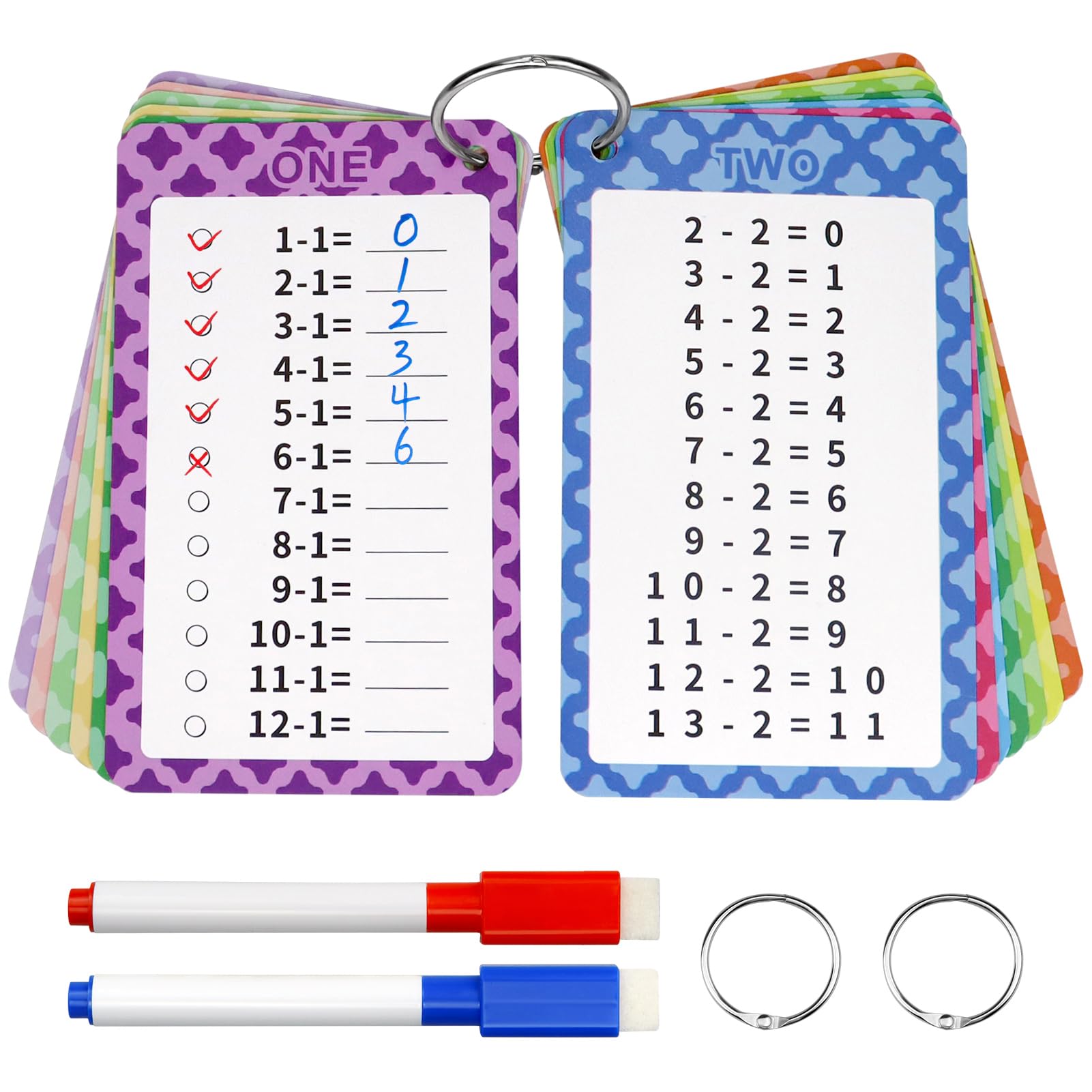 Catephe Subtraction Flashcards 0-12, 13 Pcs Math Flashcards, Subtraction Math Game, Times Table Flash Cards with 2 Dry Erase Markers and 2 Rings for 1st to 3rd Grades