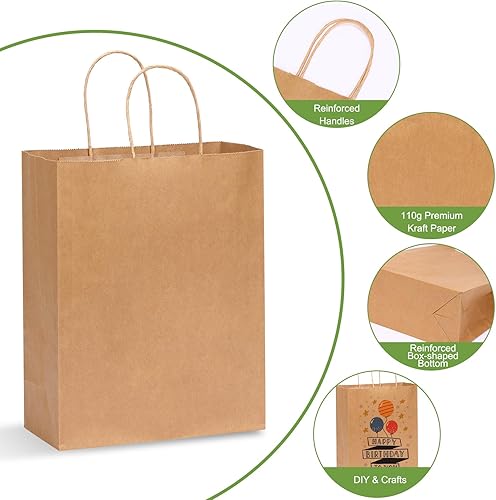Miniatura 3 de OUTUXED 100 bolsas de papel marrón de 10 x 5 x 13 pulgadas, bolsas de regalo de papel kraft grandes con asas a granel para negocios, compras,