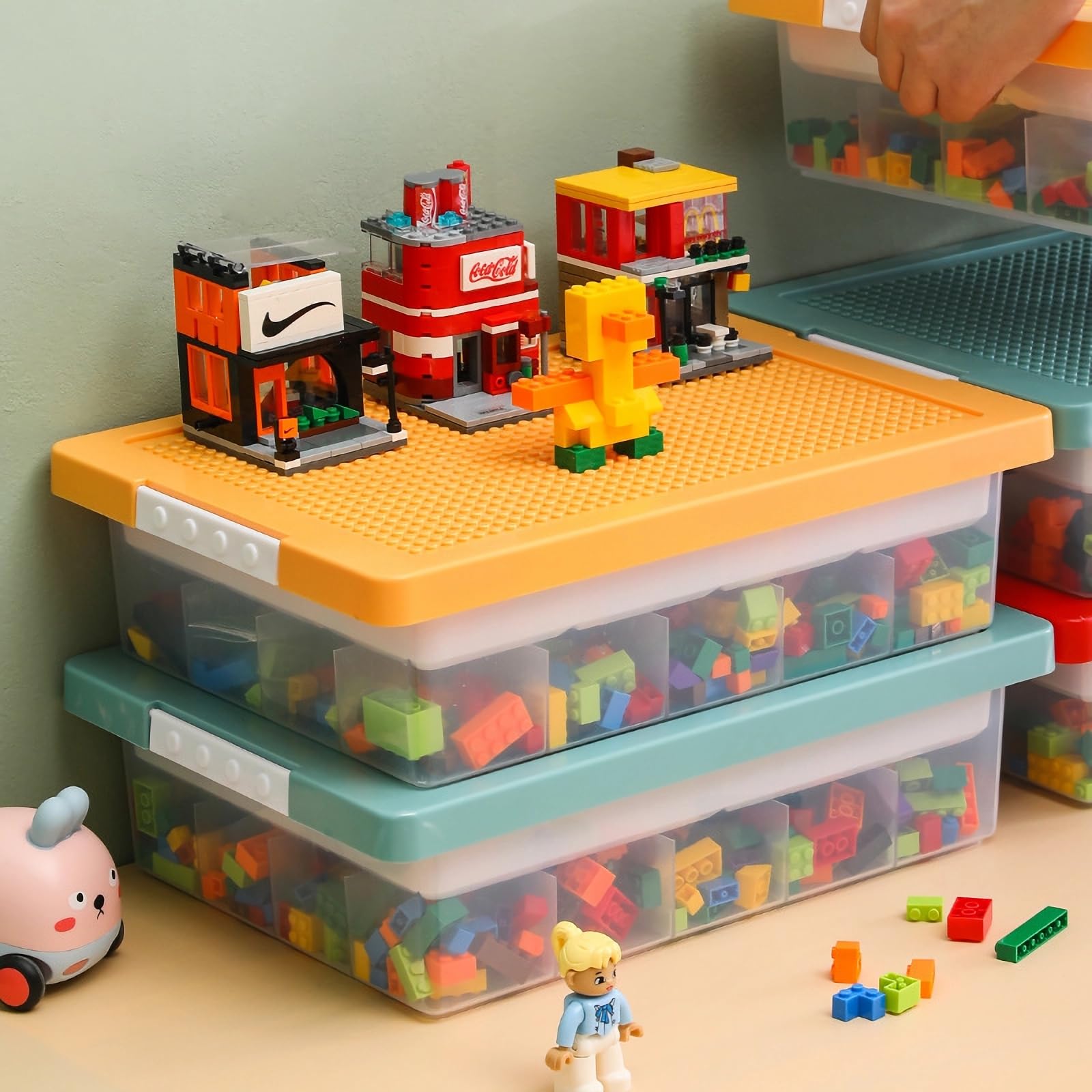 Organizer do przechowywania zabawek Lego, pudełko do przechowywania zabawek z pokrywką płyty budowlanej i zdejmowaną tacą, do przechowywania klocków, plastikowe pojemniki organizujące do układania w