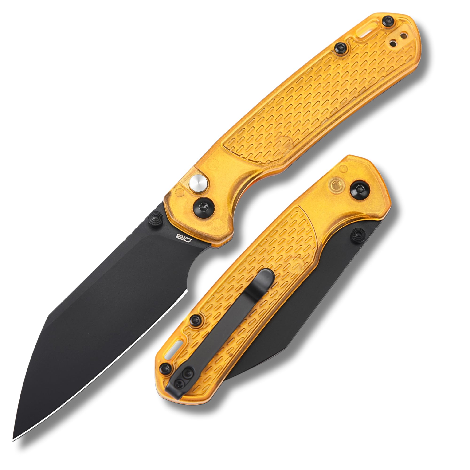 CJRB Pyrite-Light Folding Knife, 3.34'' AR-RPM9 Steel Blade Pocket Knife with Clip for Men Women, Sharp EDC Knife for Camping Survival Hiking, J1945 Amber