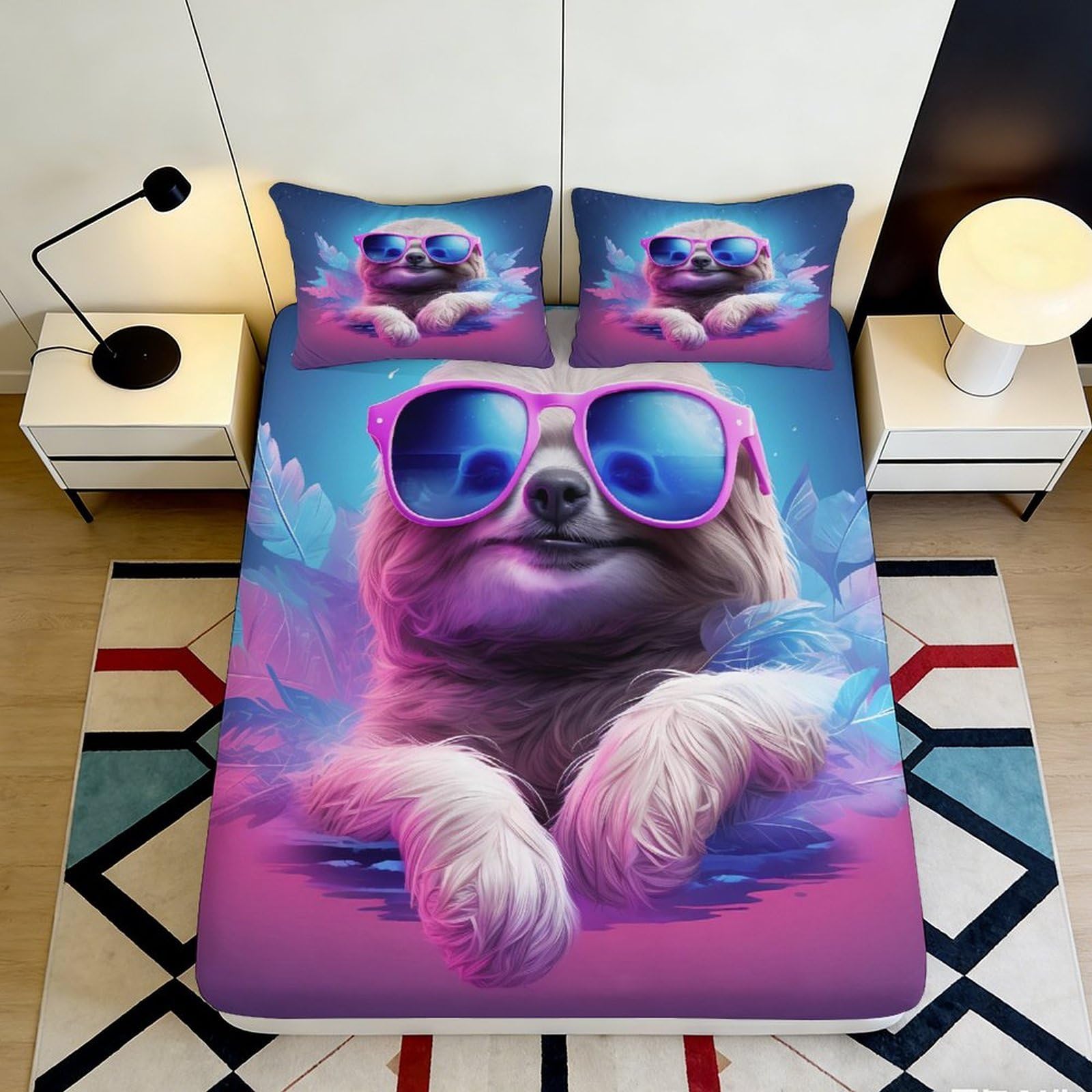 3D Printed Cool Dog Sunglasses Fitted Sheet Microfiber Non-Slip Cartoon Bed Sheet for Bedroom Dorm Apartment Decor 90x200x25cm