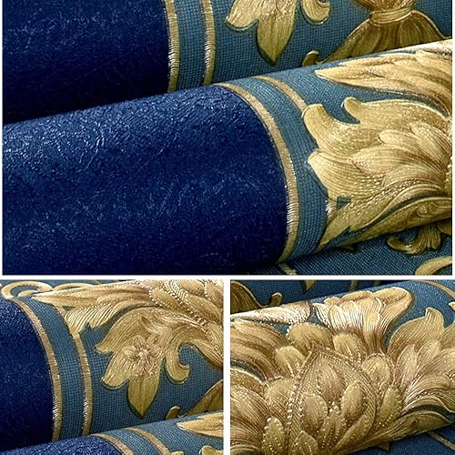 Miniatura 5 de DAWEI Azul Europeo 3D Damasco Vertical Tira PVC Impermeable Papel pintado Dormitorio Sala de estar Hotel TV Fondo Pared 1.73' W x 32.8' L No Pegado