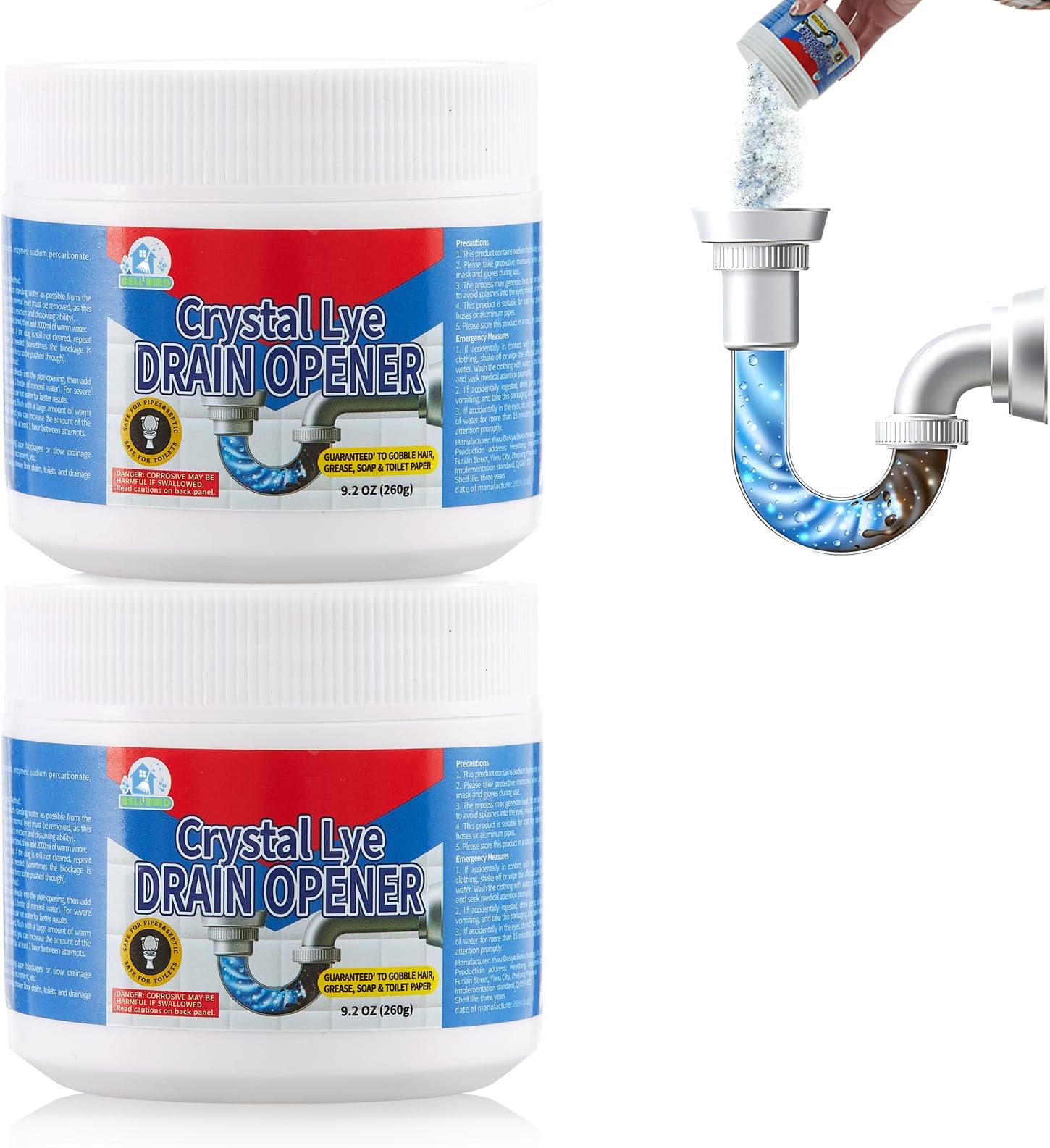 BELL BIRD Drain Opener, 9.2oz Crystal Lye Sodium Hydroxide, Clog Remover for Sinks, Drains, Showers & Bathtubs, Heavy Duty Pipe Cleaner (2 PCS)