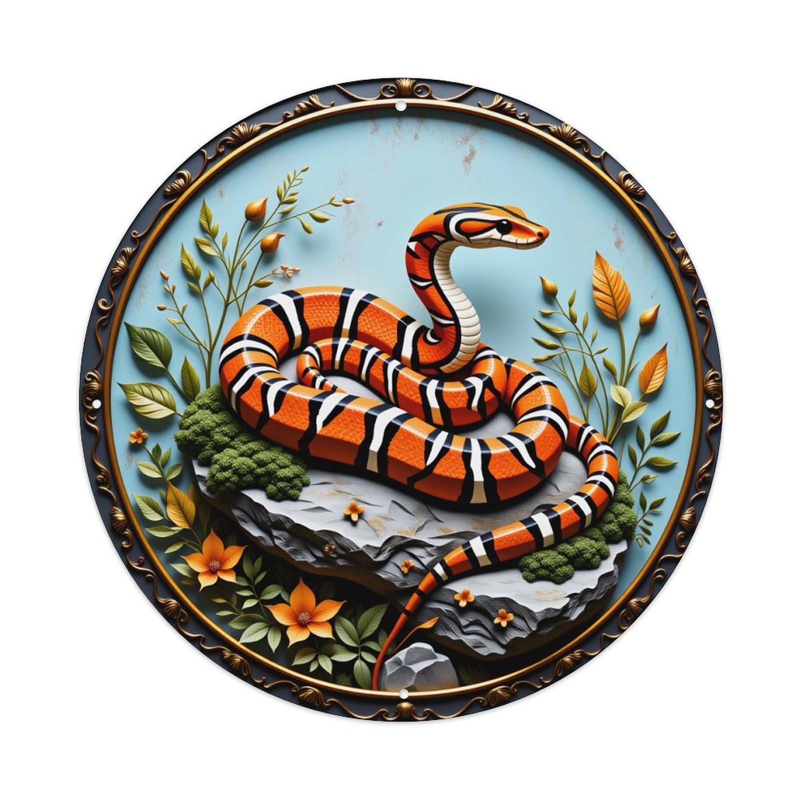 Snake Orange Black White Pattern Vintage Metal Tin Sign Retro Wall Decor for Home Bar Garage Cafe, Indoor & Outdoor Decorative，circle Metal Poster, 8x8 Inch