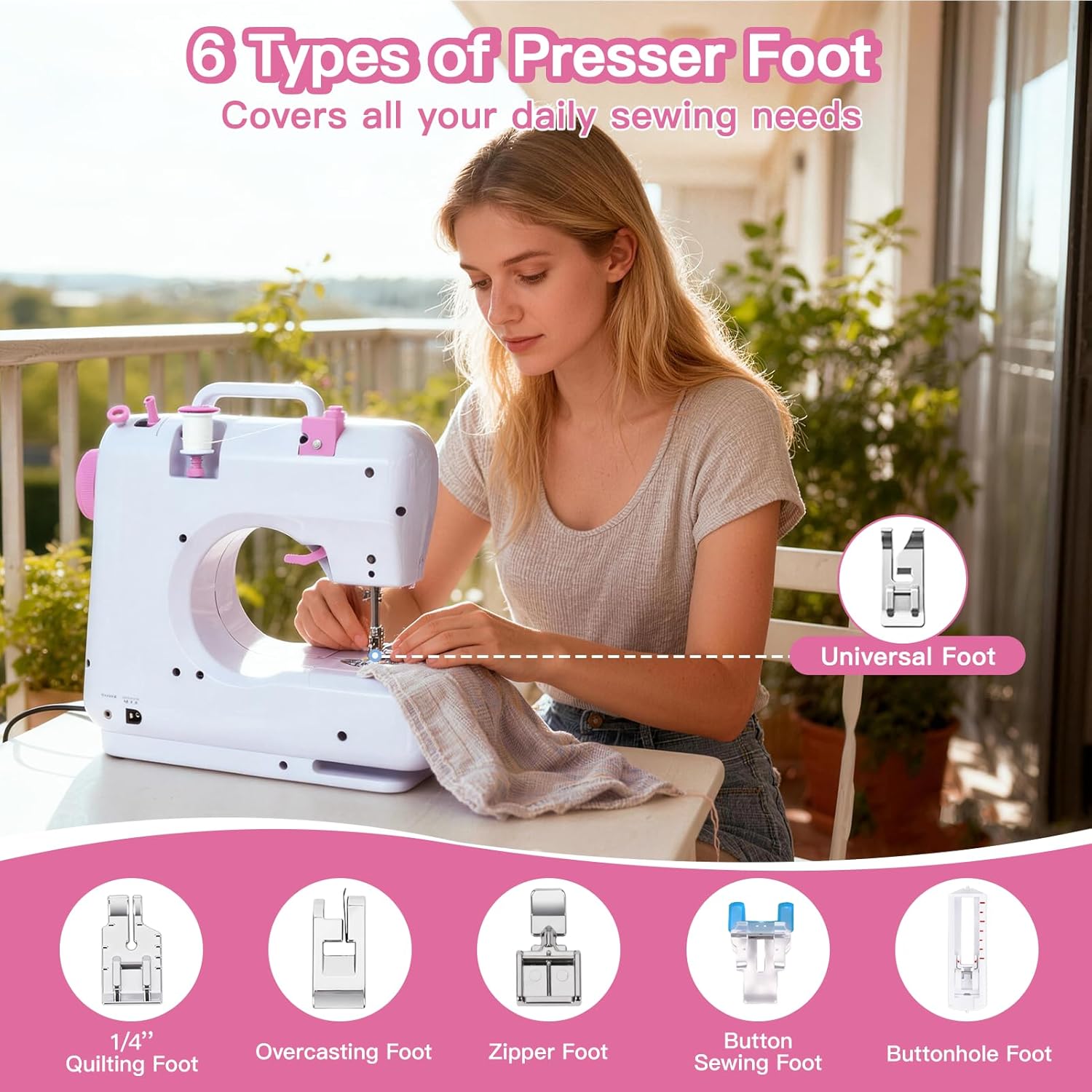 Tidjani Sewing Machine for Beginners, Mini Sewing Machine with Extension Table, 6 Replaceable Presser Feet, Portable Sewing Kit, Equip 12 Stitches, Suitable for Kids, Adults Beginners(Pink)