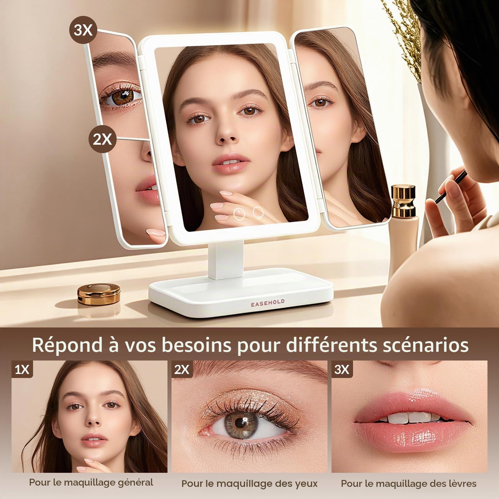 EASEHOLD Miroir de maquillage avec lumières 38 LED miroir grossissant 1 x 2 x 5 x 10 x miroir pliable avec écran tactile rotation de 180 degrés double alimentation gradateur miroir cosmétique éclairé