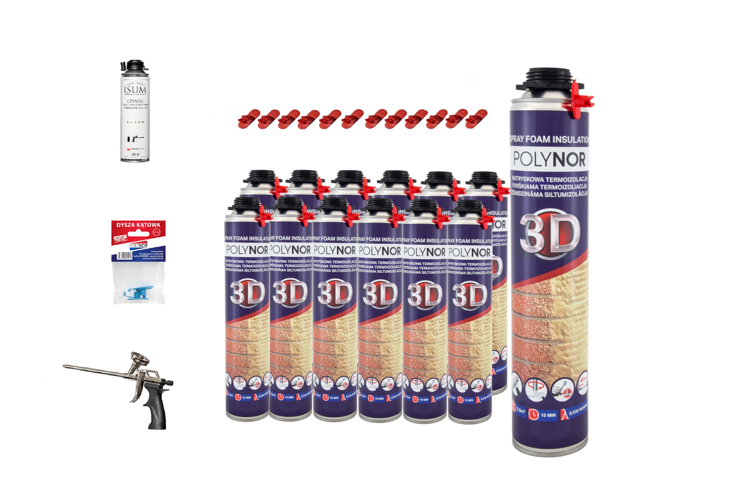 POLYNOR 3D Zestaw do izolacji natryskowej XXL - 12x850ml + akcesoria | natryskowa izolacja termiczna, pianka montażowa poliuretanowa PUR, czyścik 500ml, pistolet standard, dysze kątowe