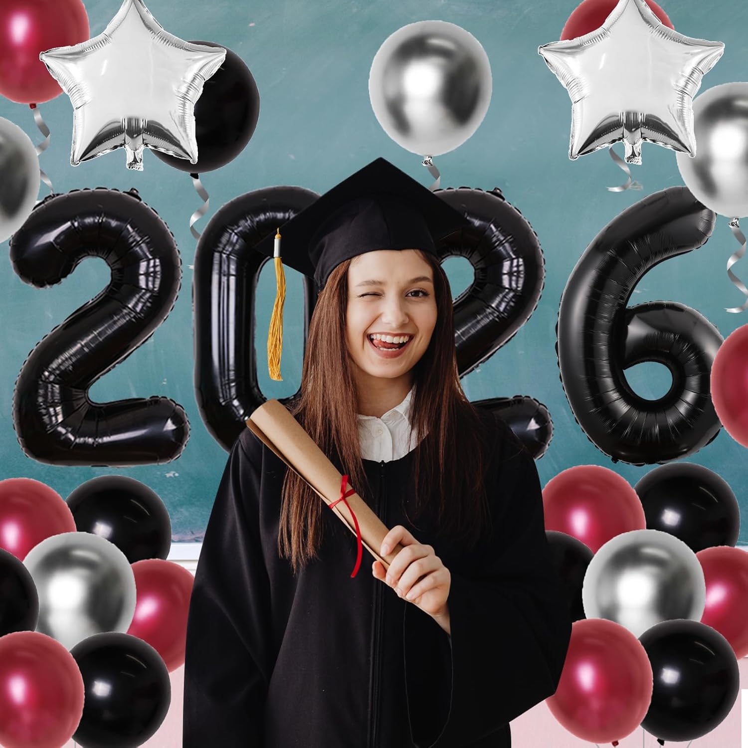 2026 Graduation Party Decoration Maroon and Silver Balloon Garland Arch Kit Burgundy and Black with 2026 Balloon Star Foil Balloons for Class of 2026 Congrats Grad Graduation Supplies - Image 3